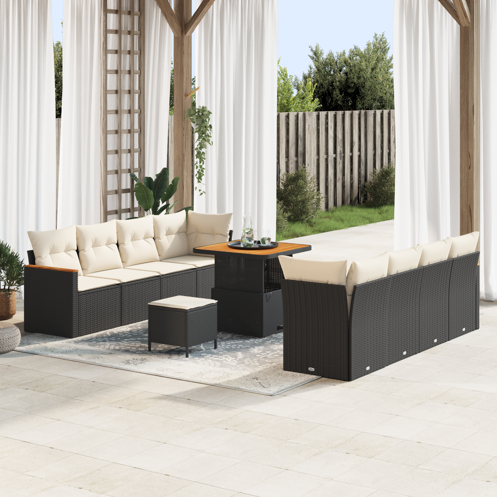 Conjunto de Sofá para Jardim de 11 peças com Almofadas Pretas de Rattan Poliéster e Acácia, Conjunto de Jantar para Jardim de 3 peças com Almofadas Pretas de Rattan Poliéster e Acácia Conjunto de Sofá para Jardim de 11 peças com Almofadas Pretas de Rattan Poliéster e Acácia, Conjunto de Jantar para Jardim de 3 peças com Almofadas Pretas de Rattan Poliéster e Acácia