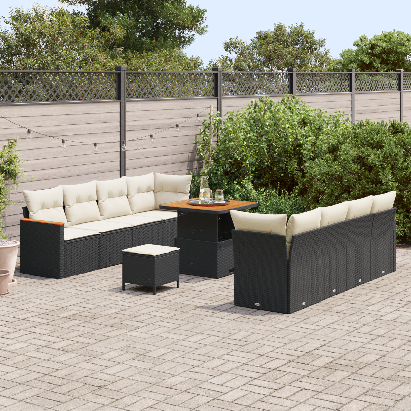 Conjunto de Sofá para Jardim de 11 peças com Almofadas Pretas de Rattan Poliéster e Acácia, Conjunto de Jantar para Jardim de 3 peças com Almofadas Pretas de Rattan Poliéster e Acácia