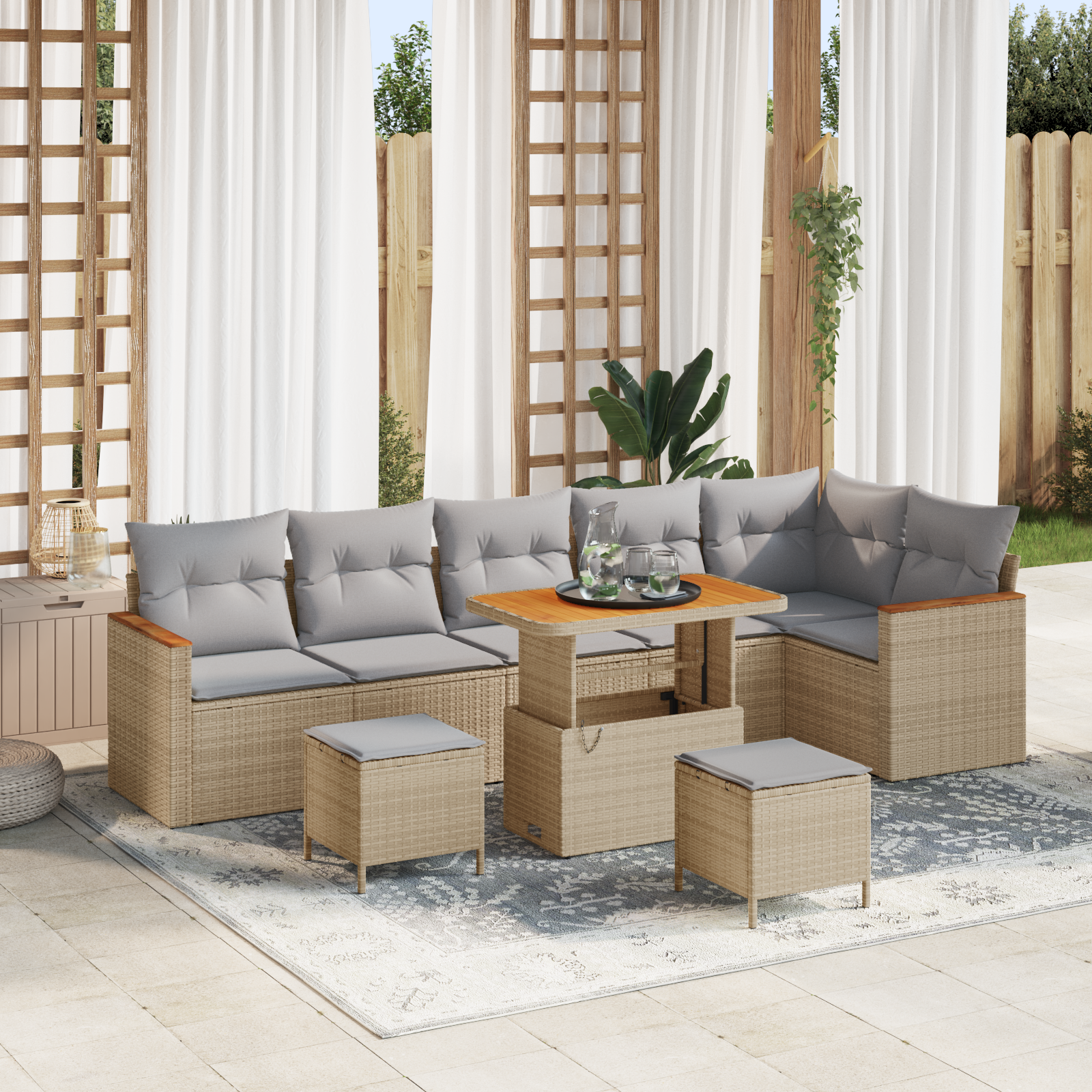 Conjunto de Sofá de Jardim de 9 Peças com Almofadas Bege em Rattan Poliéster e Acácia, Conjunto de Jantar de Jardim de 3 Peças com Almofadas Bege em Rattan Poliéster e Acácia Conjunto de Sofá de Jardim de 9 Peças com Almofadas Bege em Rattan Poliéster e Acácia, Conjunto de Jantar de Jardim de 3 Peças com Almofadas Bege em Rattan Poliéster e Acácia