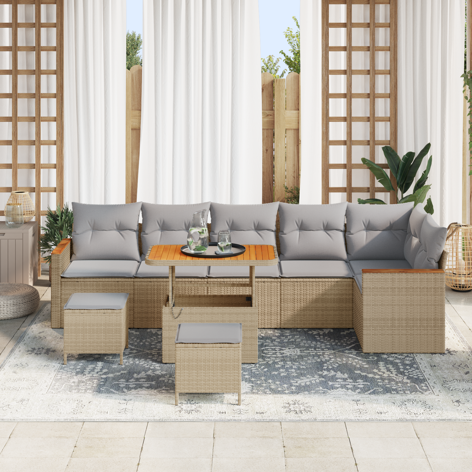 Conjunto de Sofá de Jardim de 9 Peças com Almofadas Bege em Rattan Poliéster e Acácia, Conjunto de Jantar de Jardim de 3 Peças com Almofadas Bege em Rattan Poliéster e Acácia
