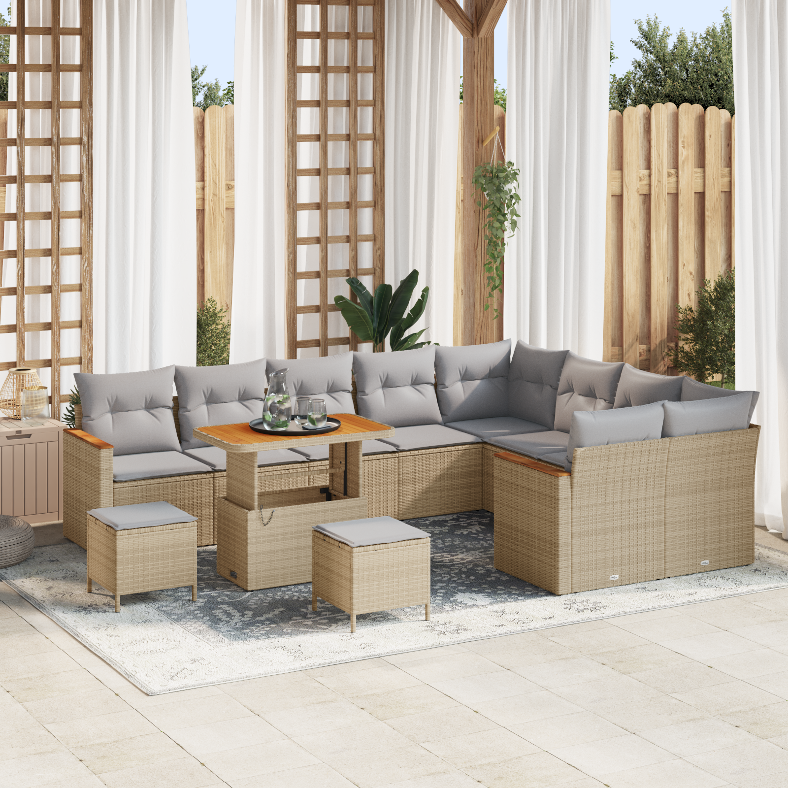 Conjunto de Sofás de Jardim 12 Peças com Almofadas Bege Polirattan Acácia, Conjunto de Jantar de Jardim 3 Peças com Almofadas Bege Polirattan Acácia Conjunto de Sofás de Jardim 12 Peças com Almofadas Bege Polirattan Acácia, Conjunto de Jantar de Jardim 3 Peças com Almofadas Bege Polirattan Acácia