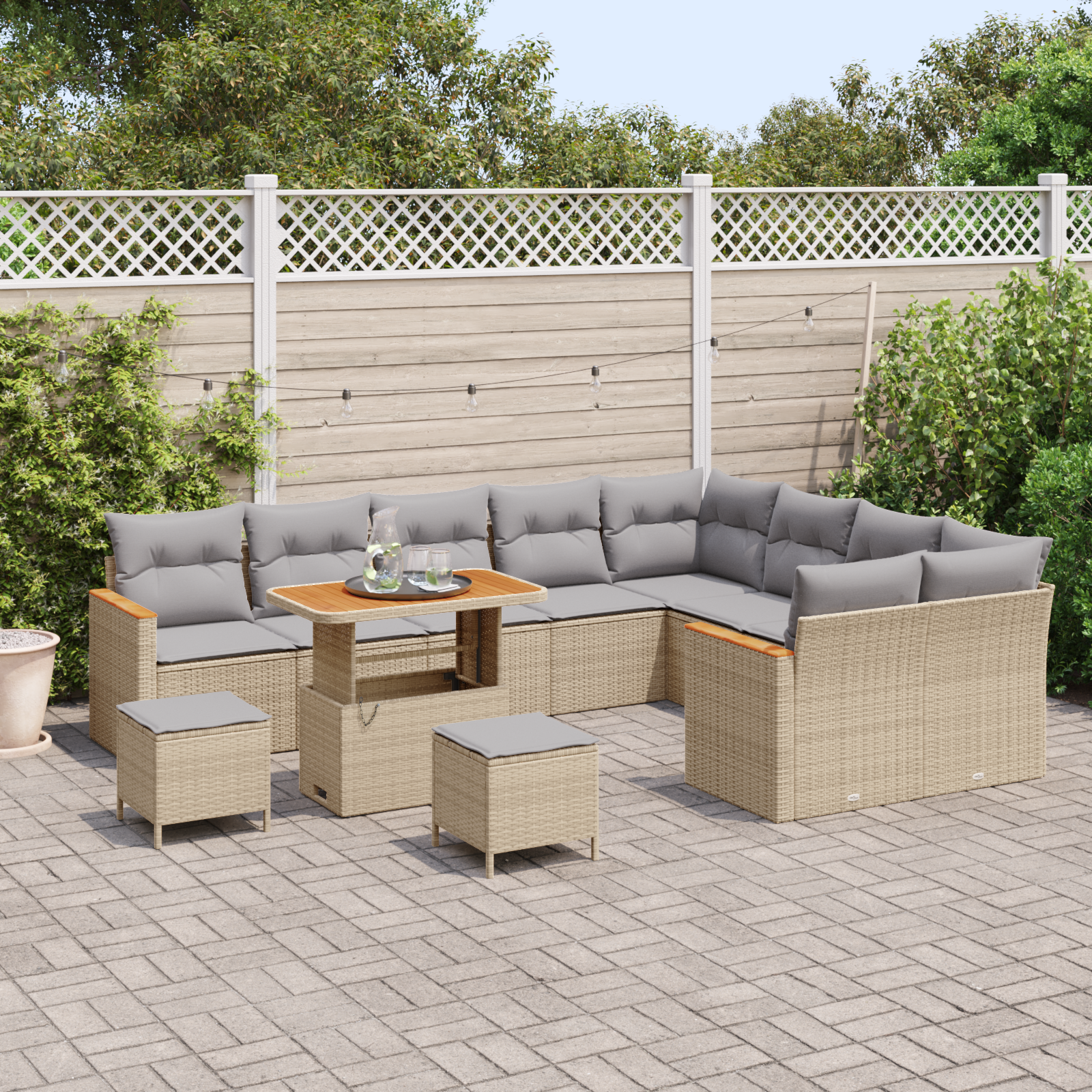 Conjunto de Sofás de Jardim 12 Peças com Almofadas Bege Polirattan Acácia, Conjunto de Jantar de Jardim 3 Peças com Almofadas Bege Polirattan Acácia