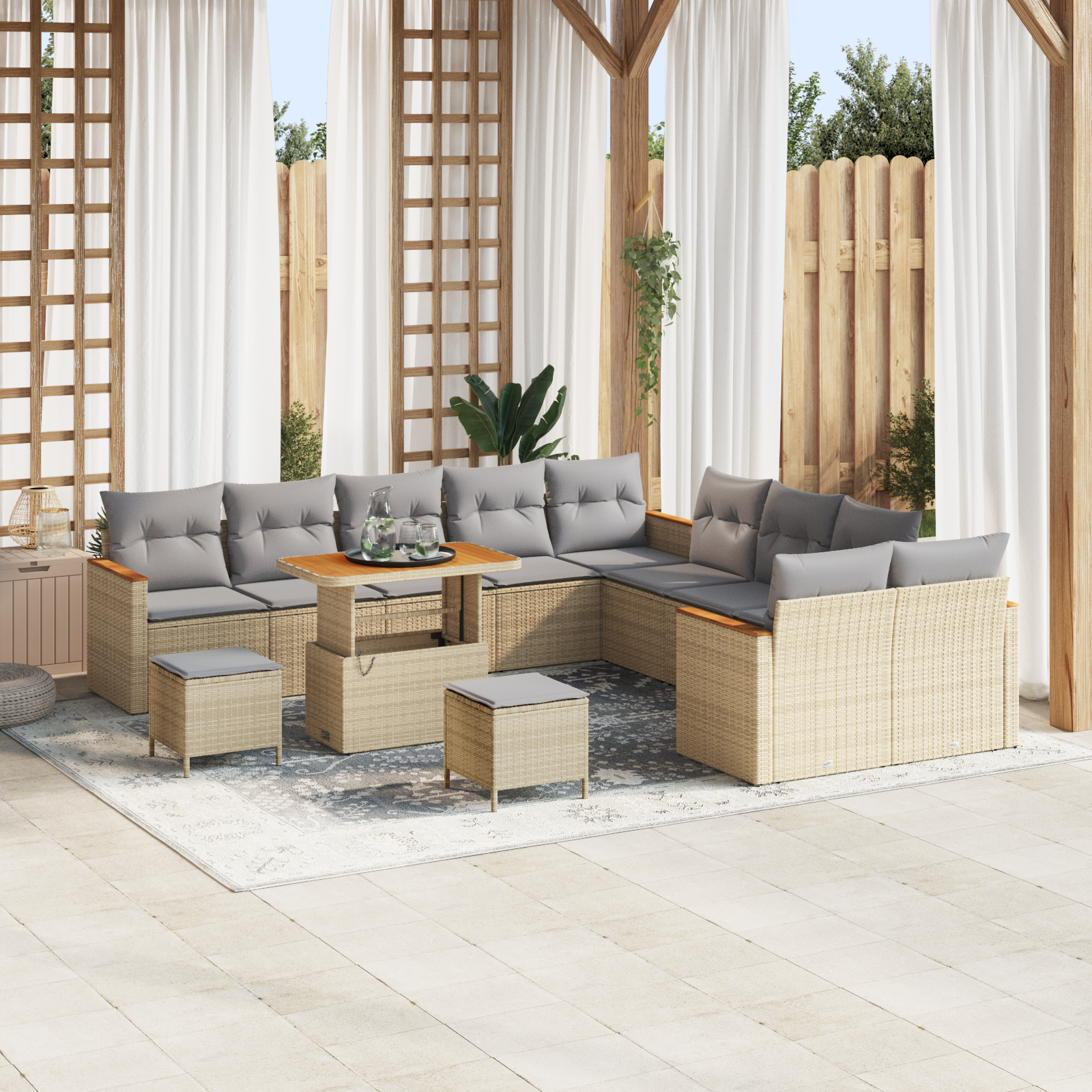 Conjunto de Sofá de Jardim de 13 Peças com Almofadas Bege Polirattan Acácia, Conjunto de Jantar de Jardim de 3 Peças com Almofadas Bege Polirattan Acácia Conjunto de Sofá de Jardim de 13 Peças com Almofadas Bege Polirattan Acácia, Conjunto de Jantar de Jardim de 3 Peças com Almofadas Bege Polirattan Acácia