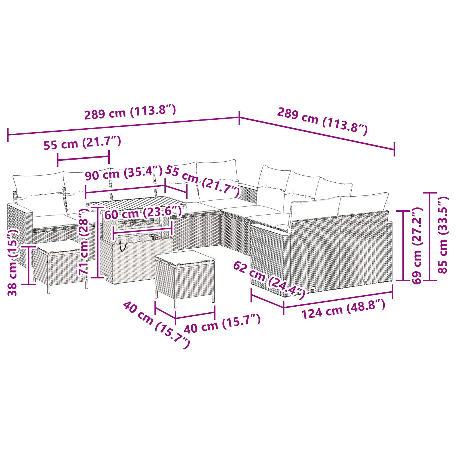Conjunto de Sofá de Jardim de 13 Peças com Almofadas Bege Polirattan Acácia, Conjunto de Jantar de Jardim de 3 Peças com Almofadas Bege Polirattan Acácia