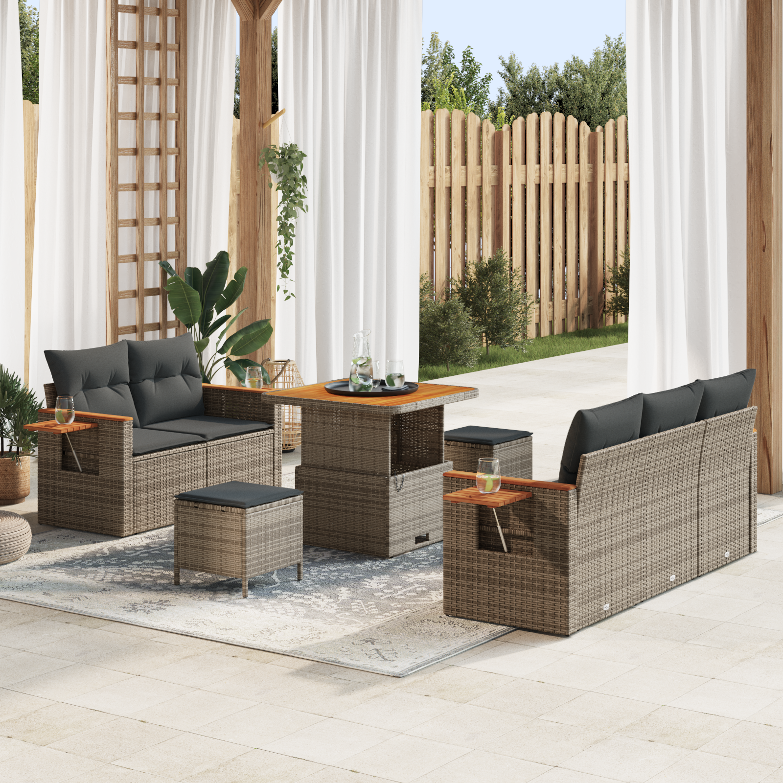 Set divani giardino 8 pezzi con cuscini grigio polyrattan e acacia