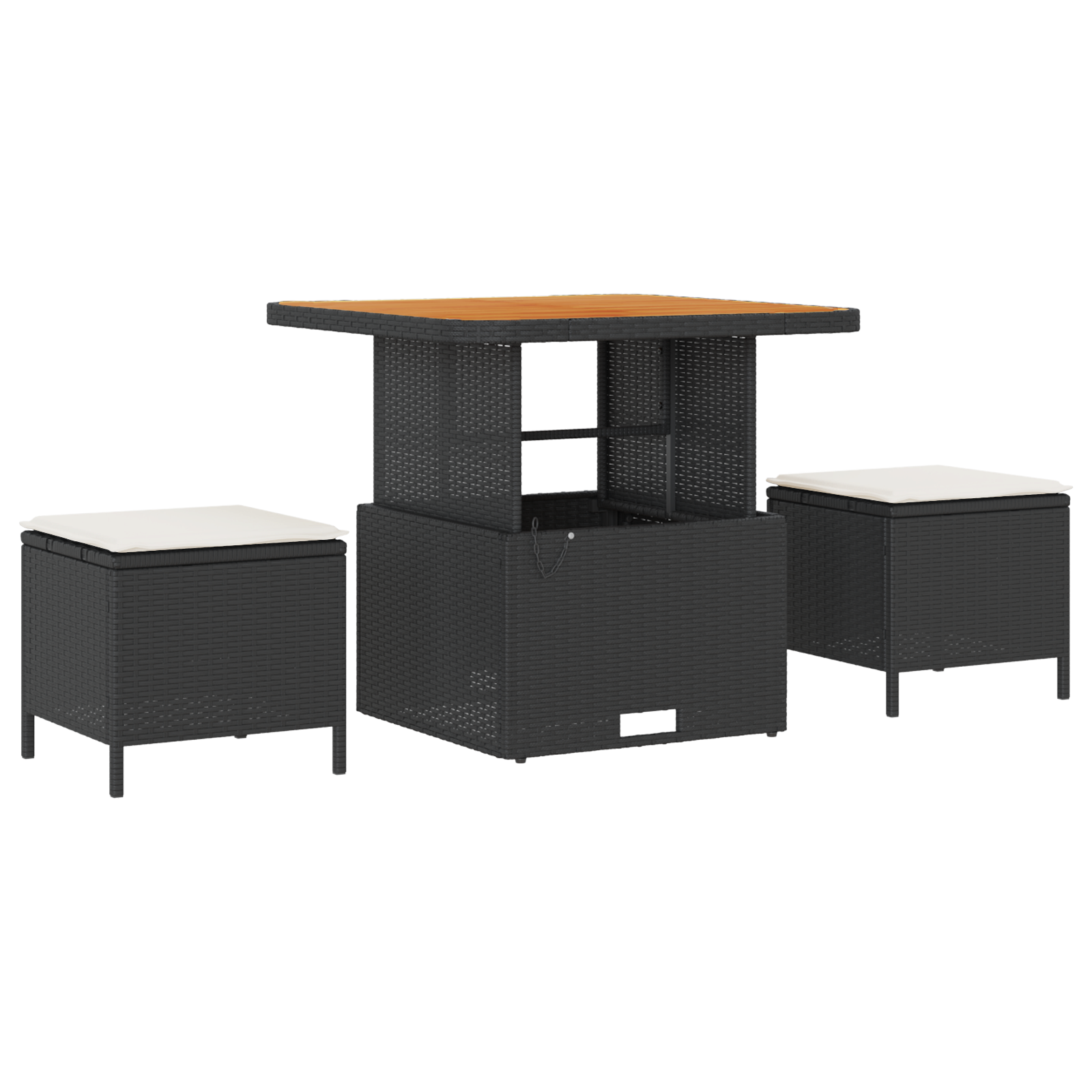 Conjunto de Sofá de Jardim 9 Peças com Almofadas Rattan Poliéster Preto Acácia, Conjunto de Jantar de Jardim 3 Peças com Almofadas Rattan Poliéster Preto Acácia