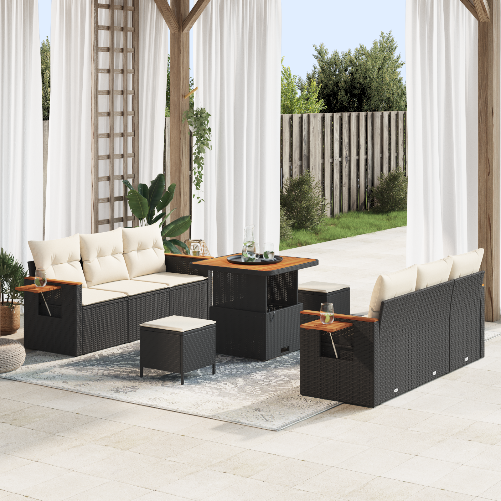 Conjunto de Sofá de Jardim 9 Peças com Almofadas Rattan Poliéster Preto Acácia, Conjunto de Jantar de Jardim 3 Peças com Almofadas Rattan Poliéster Preto Acácia Conjunto de Sofá de Jardim 9 Peças com Almofadas Rattan Poliéster Preto Acácia, Conjunto de Jantar de Jardim 3 Peças com Almofadas Rattan Poliéster Preto Acácia