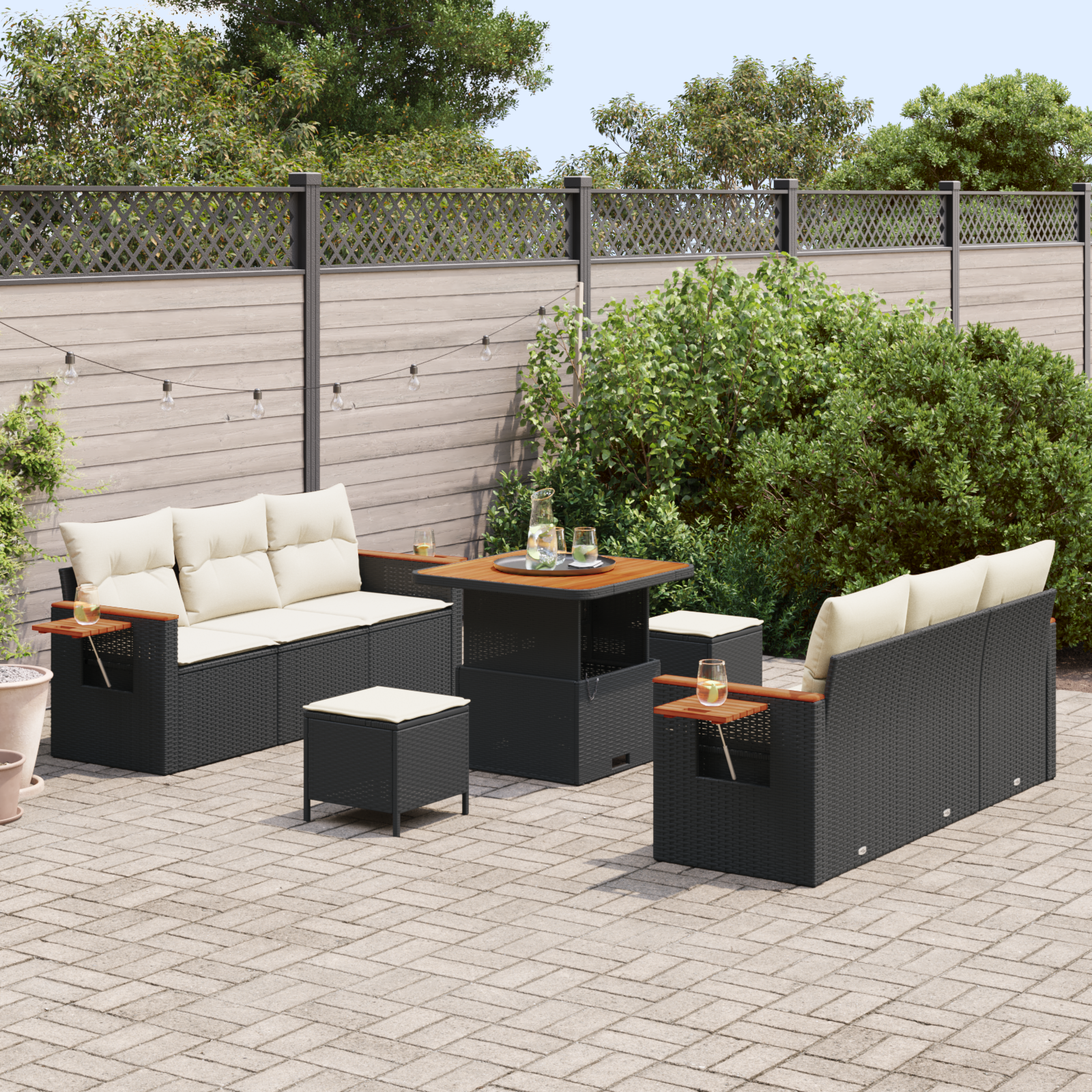 Conjunto de Sofá de Jardim 9 Peças com Almofadas Rattan Poliéster Preto Acácia, Conjunto de Jantar de Jardim 3 Peças com Almofadas Rattan Poliéster Preto Acácia