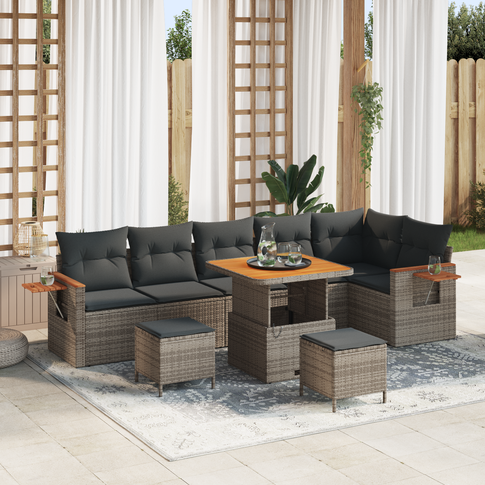 Set Divani Giardino 9 Pezzi Cuscini Grigio Rattan Acacia