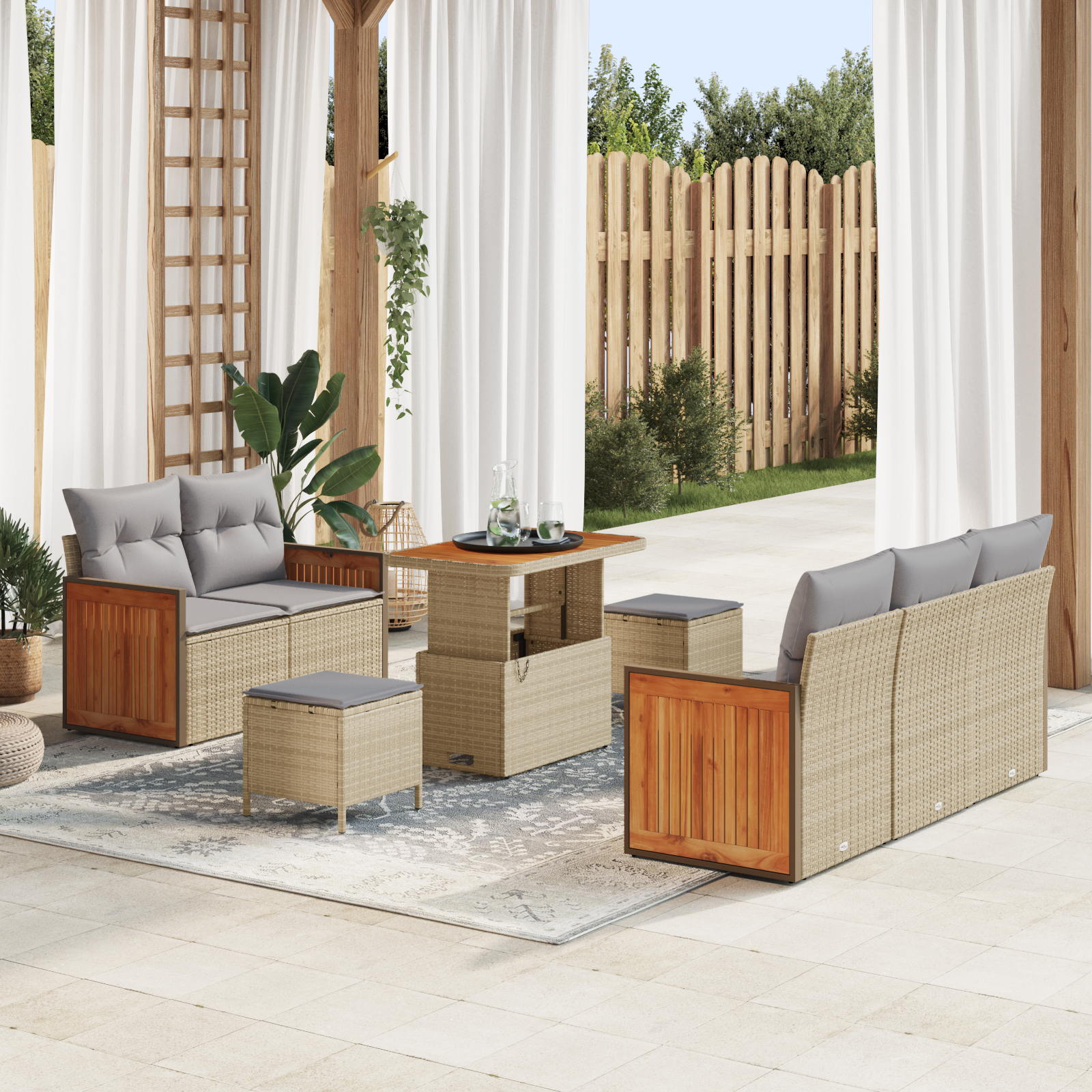 Conjunto de Sofás de Jardim de 8 Peças com Almofadas Bege de Rattan Poliéster Acácia, Sofá de Jardim de com Almofadas Bege de Rattan Poliéster, Conjunto de Jantar de Jardim de 3 Peças com Almofadas Bege de Rattan Poliéster Acácia Conjunto de Sofás de Jardim de 8 Peças com Almofadas Bege de Rattan Poliéster Acácia, Sofá de Jardim de com Almofadas Bege de Rattan Poliéster, Conjunto de Jantar de Jardim de 3 Peças com Almofadas Bege de Rattan Poliéster Acácia