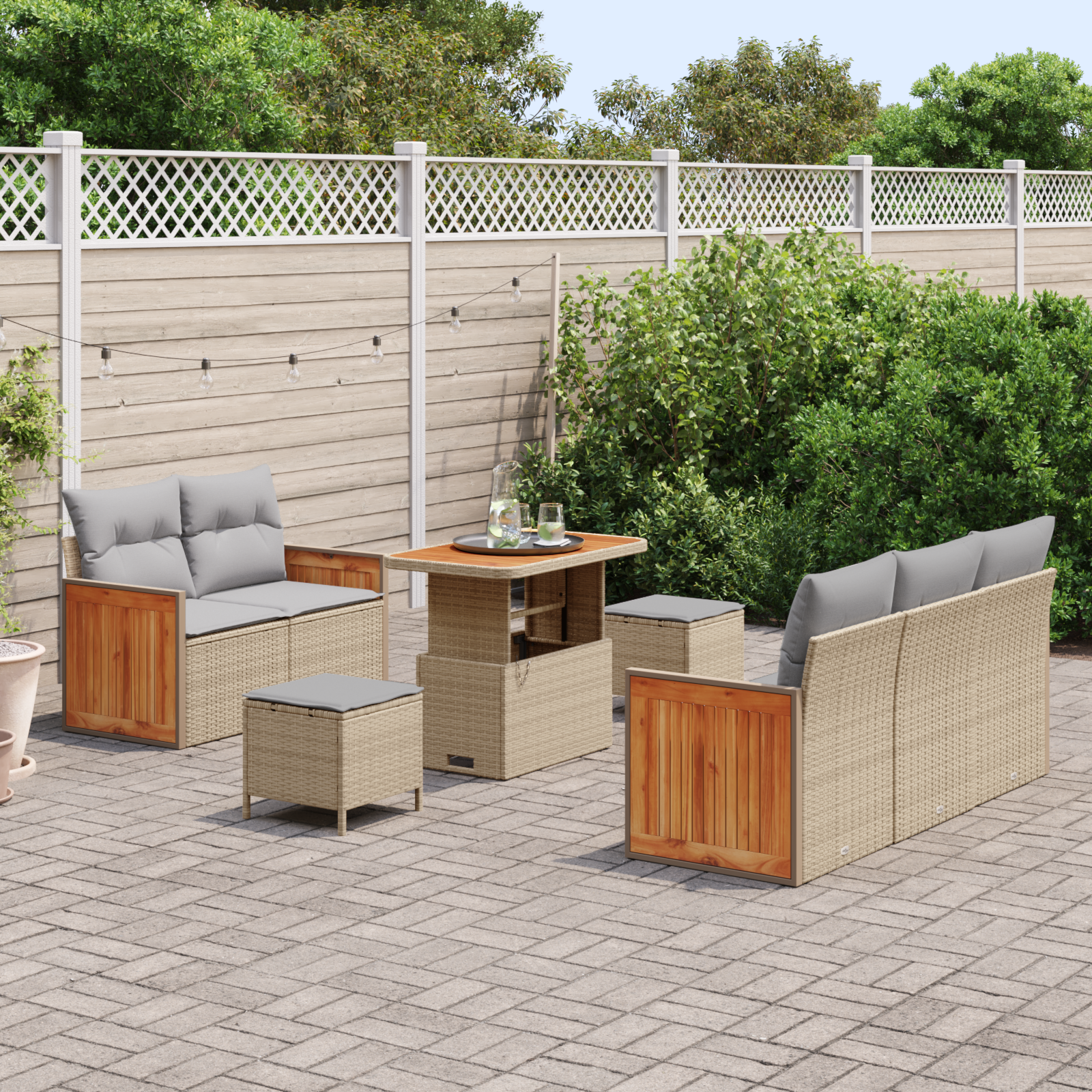 Conjunto de Sofás de Jardim de 8 Peças com Almofadas Bege de Rattan Poliéster Acácia, Sofá de Jardim de com Almofadas Bege de Rattan Poliéster, Conjunto de Jantar de Jardim de 3 Peças com Almofadas Bege de Rattan Poliéster Acácia