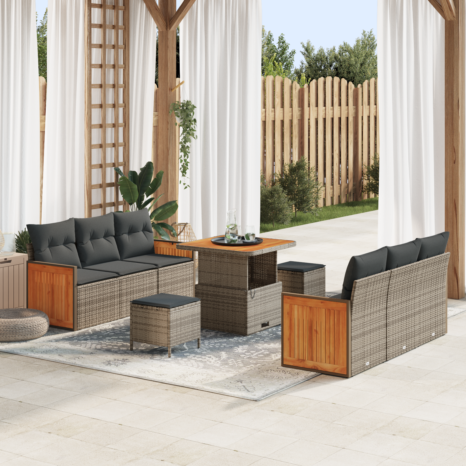 Set Divano Giardino 9 Pezzi con Cuscini Grigio Rattan Poliestere Acacia