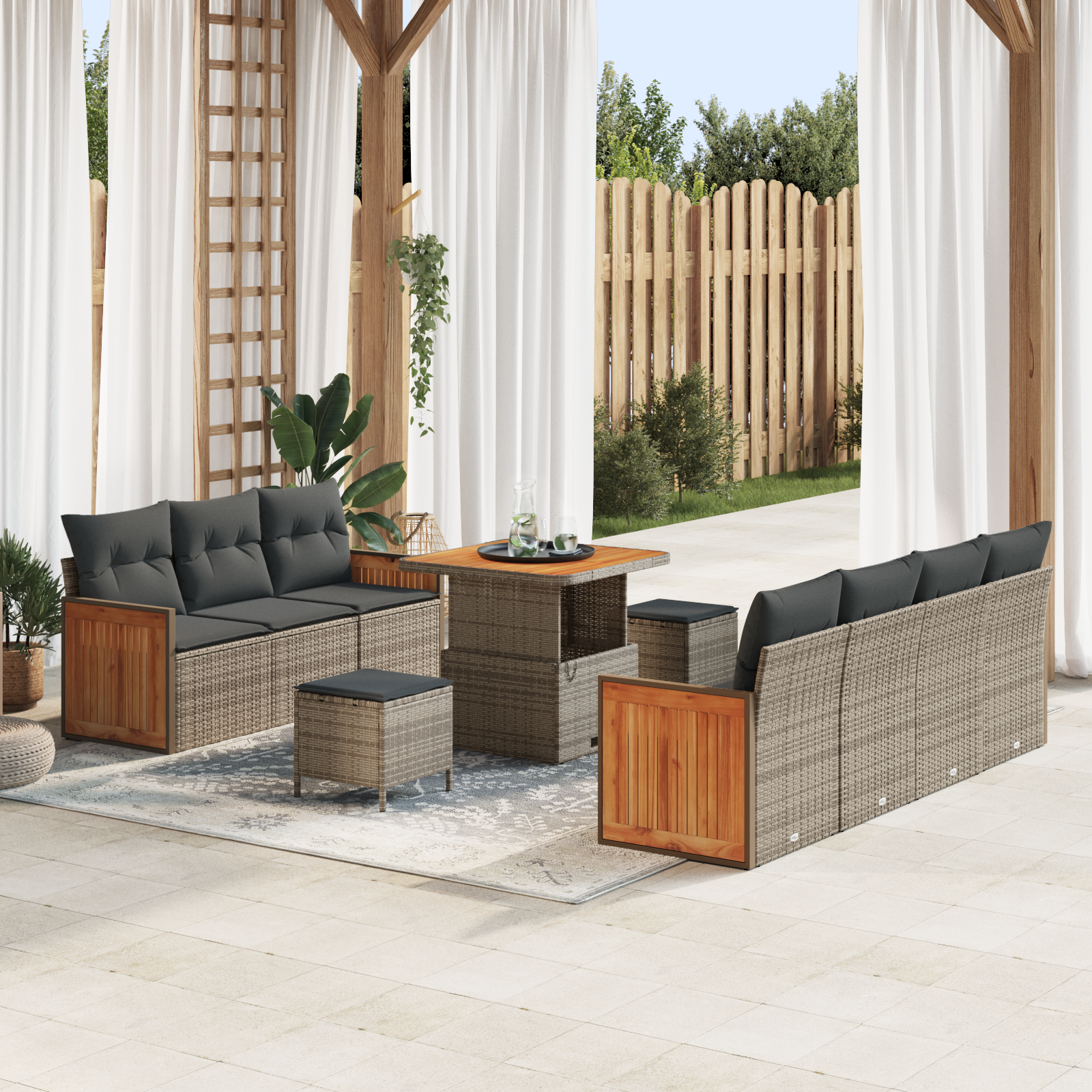 Set da giardino da 10 pezzi con cuscini grigio polirattan e acacia