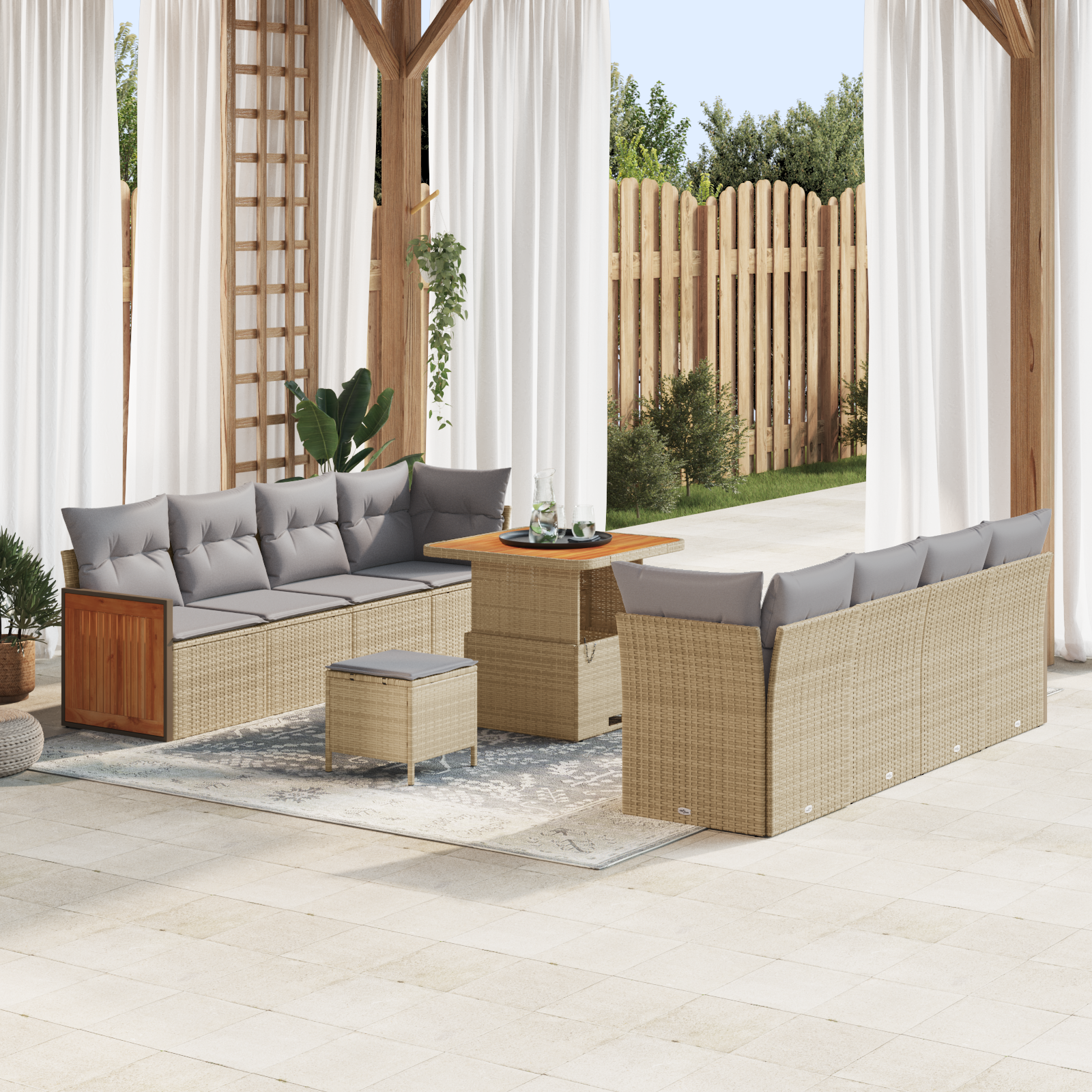 Conjunto de Sofá de Jardim com 11 Peças e Almofadas Beige Vime Sintético Acácia Conjunto de Sofá de Jardim com 11 Peças e Almofadas Beige Vime Sintético Acácia