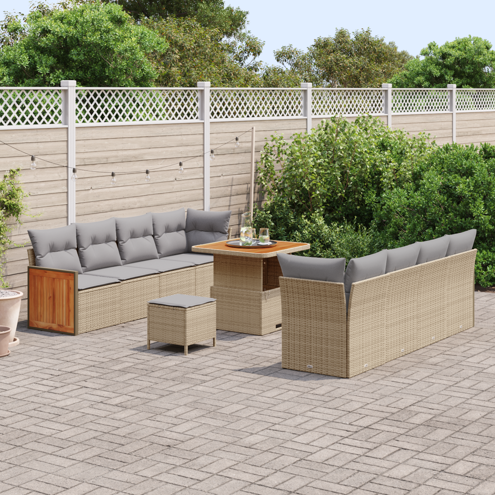 Conjunto de Sofá de Jardim com 11 Peças e Almofadas Beige Vime Sintético Acácia