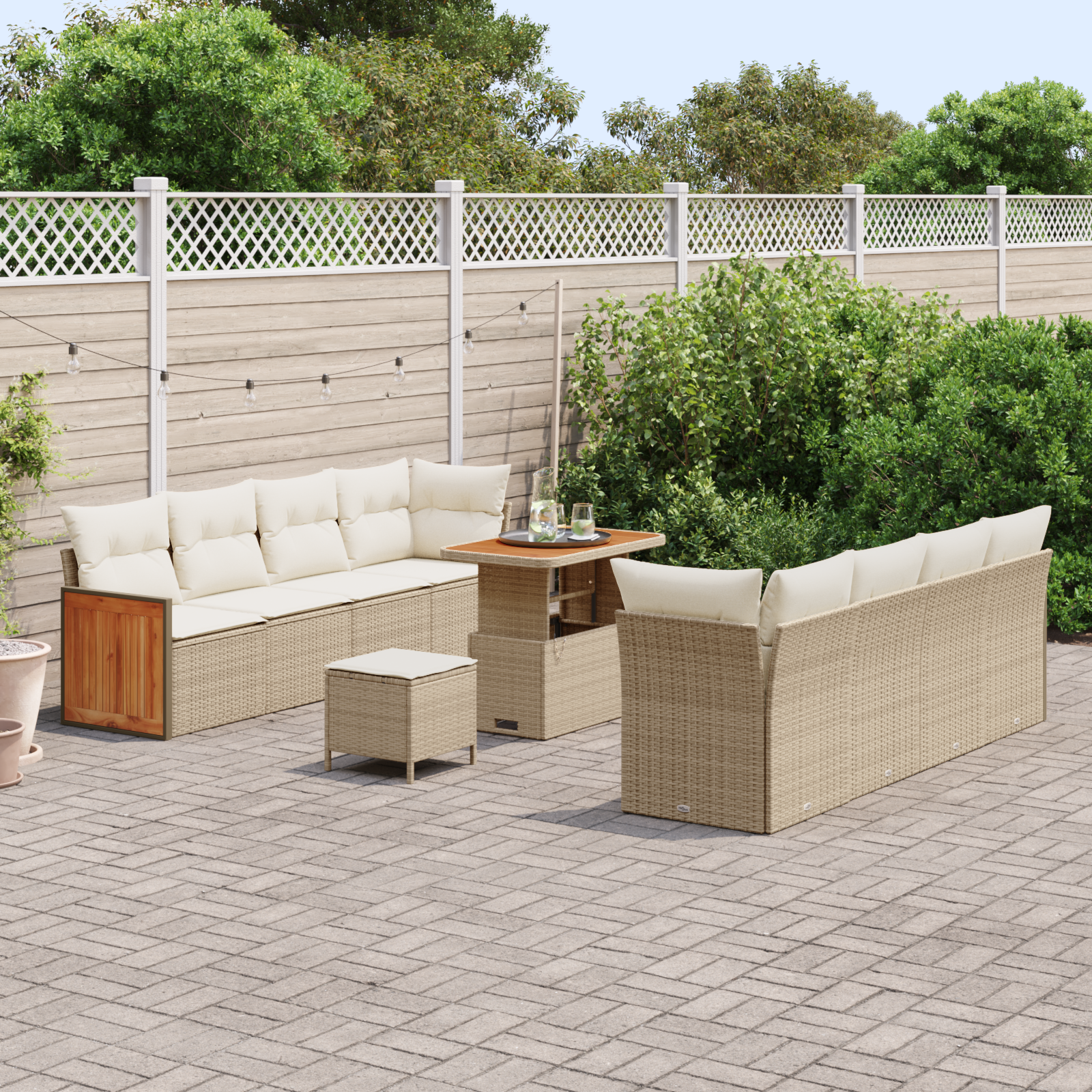 Conjunto de Sofá de Jardim com 11 Peças e Almofadas Bege Vime Sintético Acácia, Sofá de Jardim com e Almofadas Bege Vime Sintético, Conjunto de Jantar de Jardim com 3 Peças e Almofadas Bege Vime Sintético Acácia