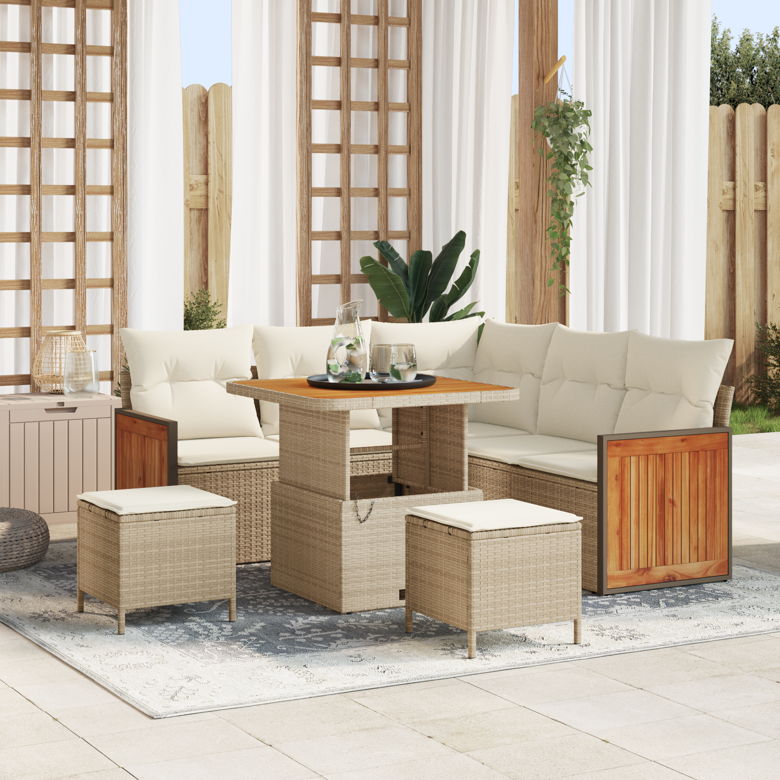 Set Divano Giardino 8 Pezzi con Cuscini Beige Rattan Policarbonato