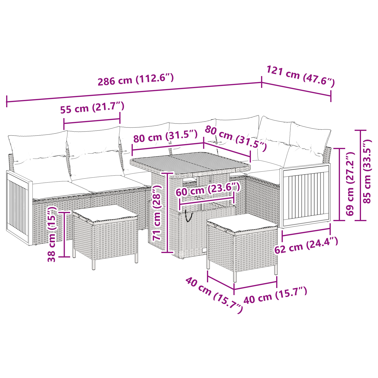 9 dalių sodų sofų rinkinys su pagalvėlėmis pilkas poliratanas akacija - Image 9