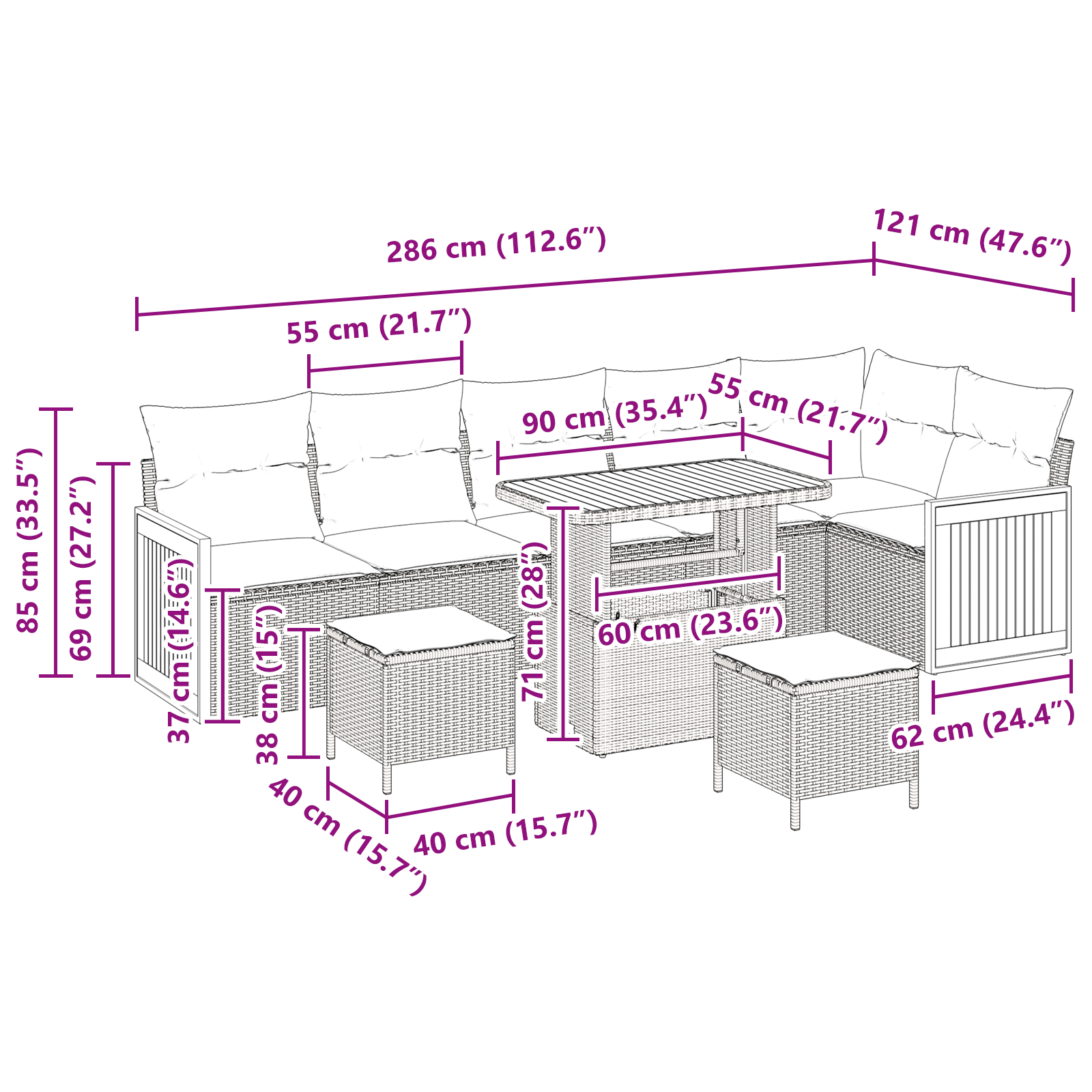 9 dalių sodo sofos komplektas su pagalvėlėmis Juodas Poliratanas Akacija - Image 9