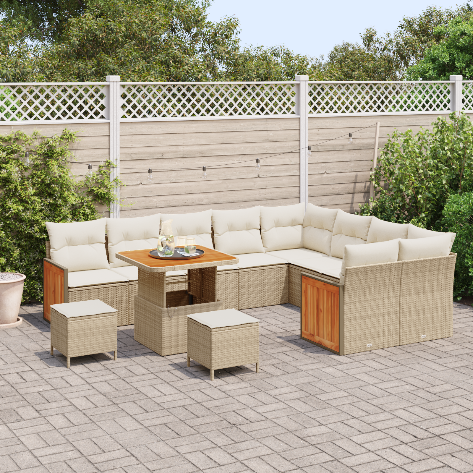 Set Divano da Giardino 12 Pezzi con Cuscini Beige Rattan Polimero Acacia