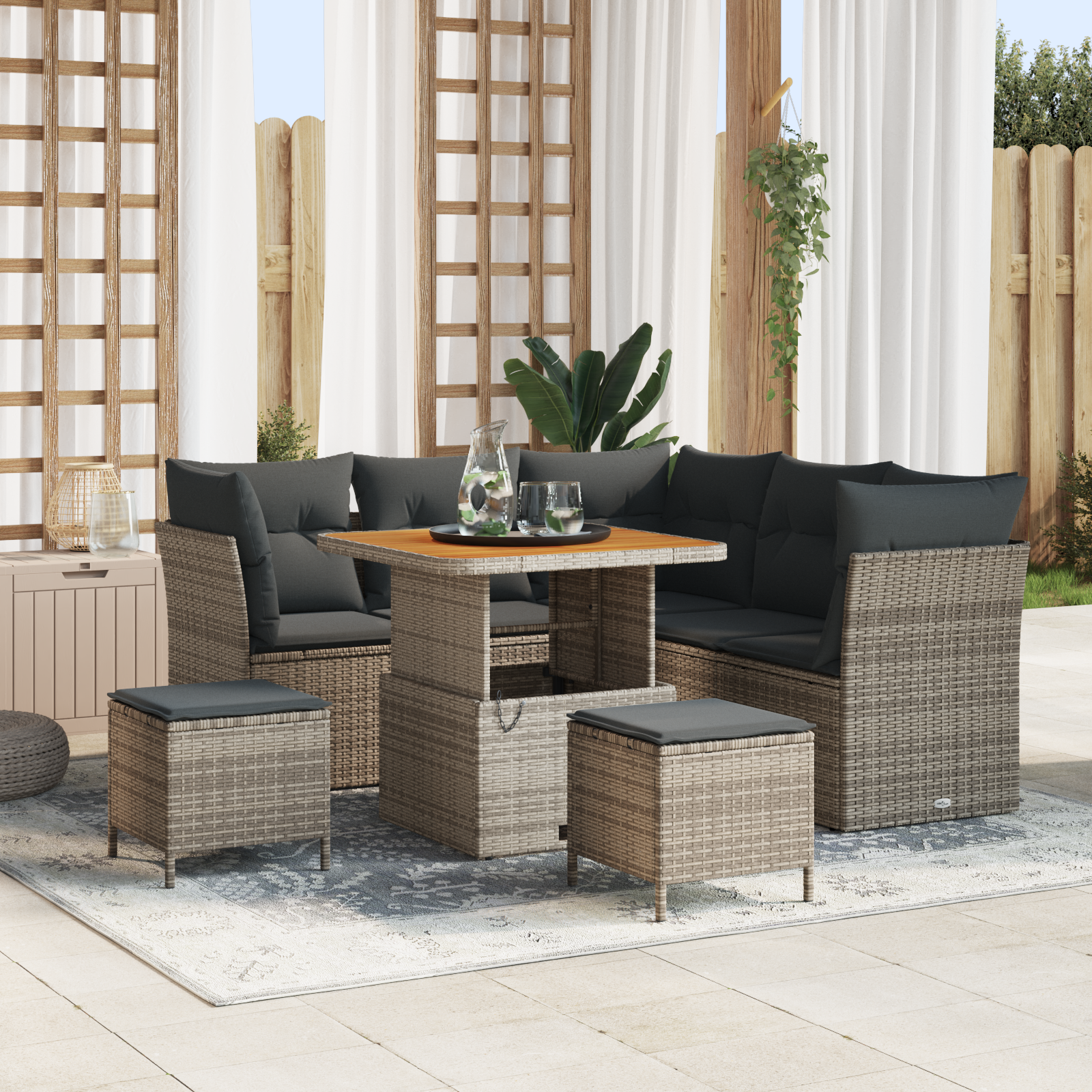 Set Divano da Giardino 8 Pezzi con Cuscini Grigi in Polyrattan e Acacia