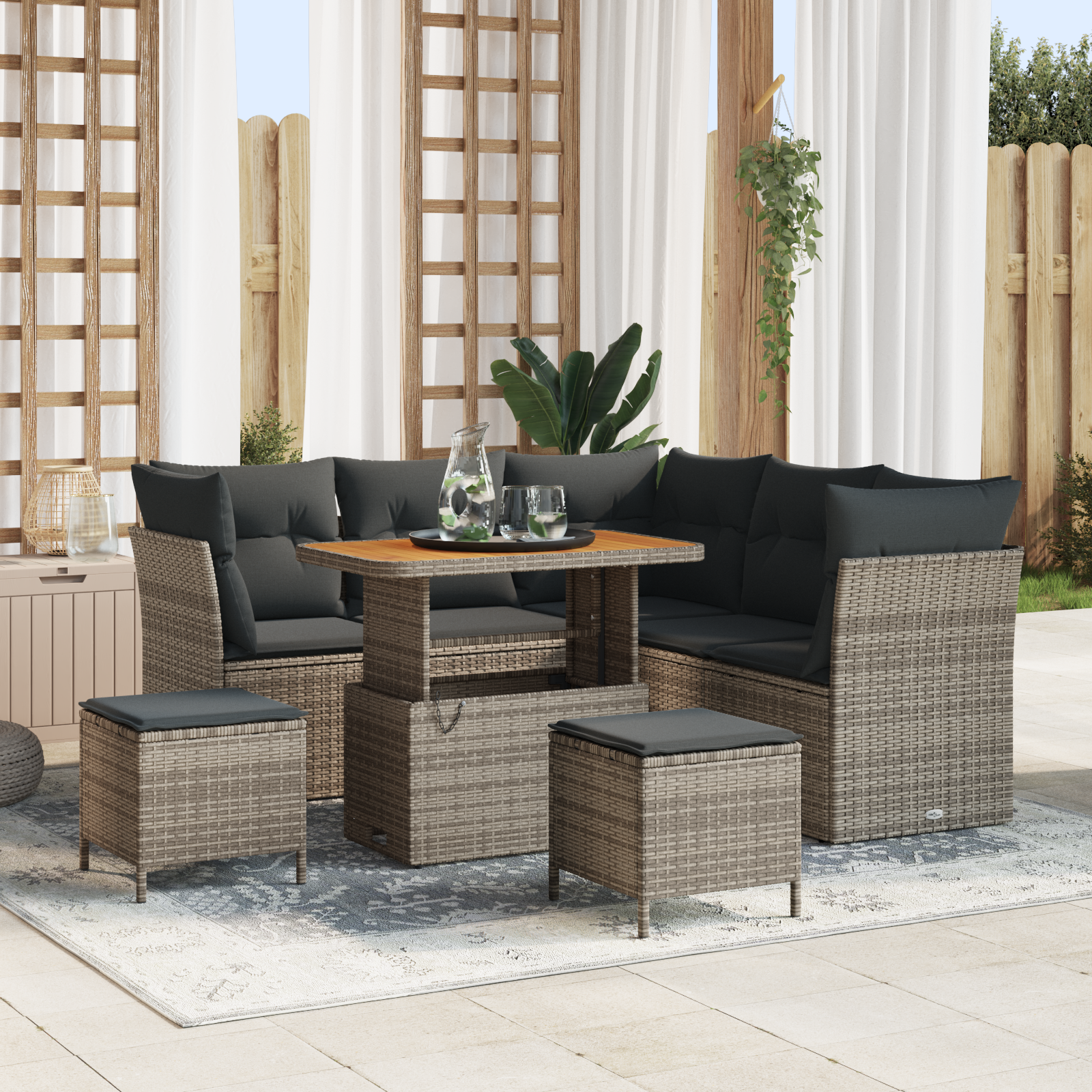 Set Divano da Giardino da 8 Pezzi con Cuscini Grigi in Rattan Polietilene Acacia