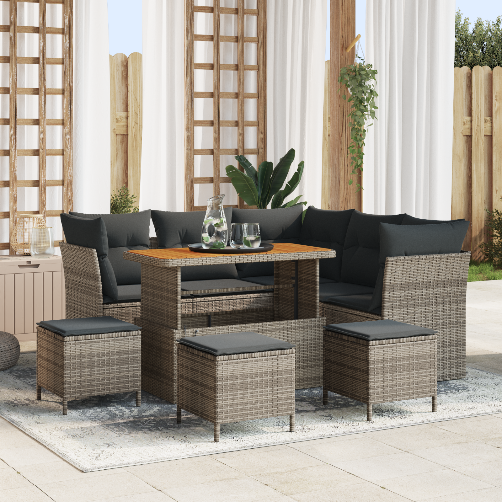 Set di Sofà da Giardino 9 Pezzi con Cuscini Grigio Rattan Plastico Acacia