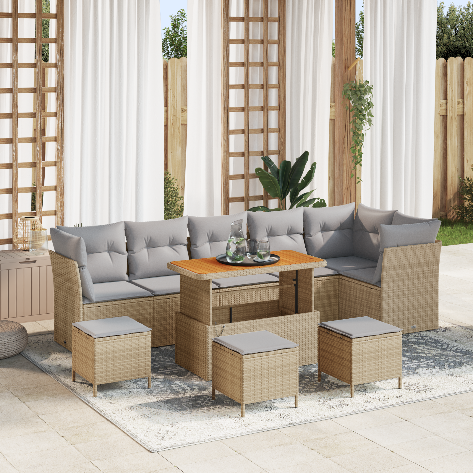 Set di divani da giardino 10 pezzi con cuscini beige rattan poli acacia