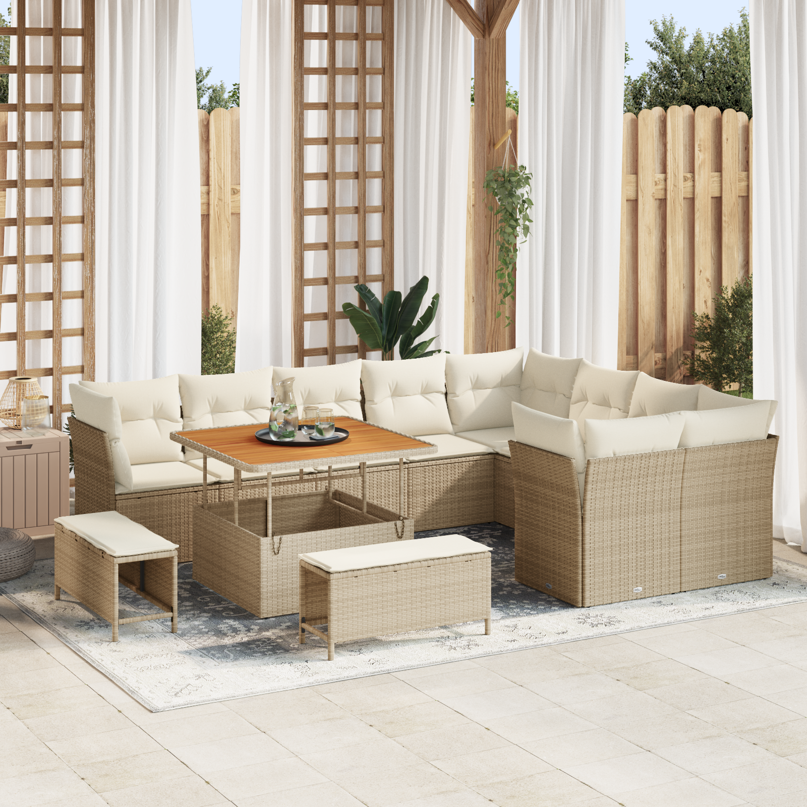 Set di Divani da Giardino da 12 Pezzi con Cuscini Beige in Rattan Polietilene e Acacia