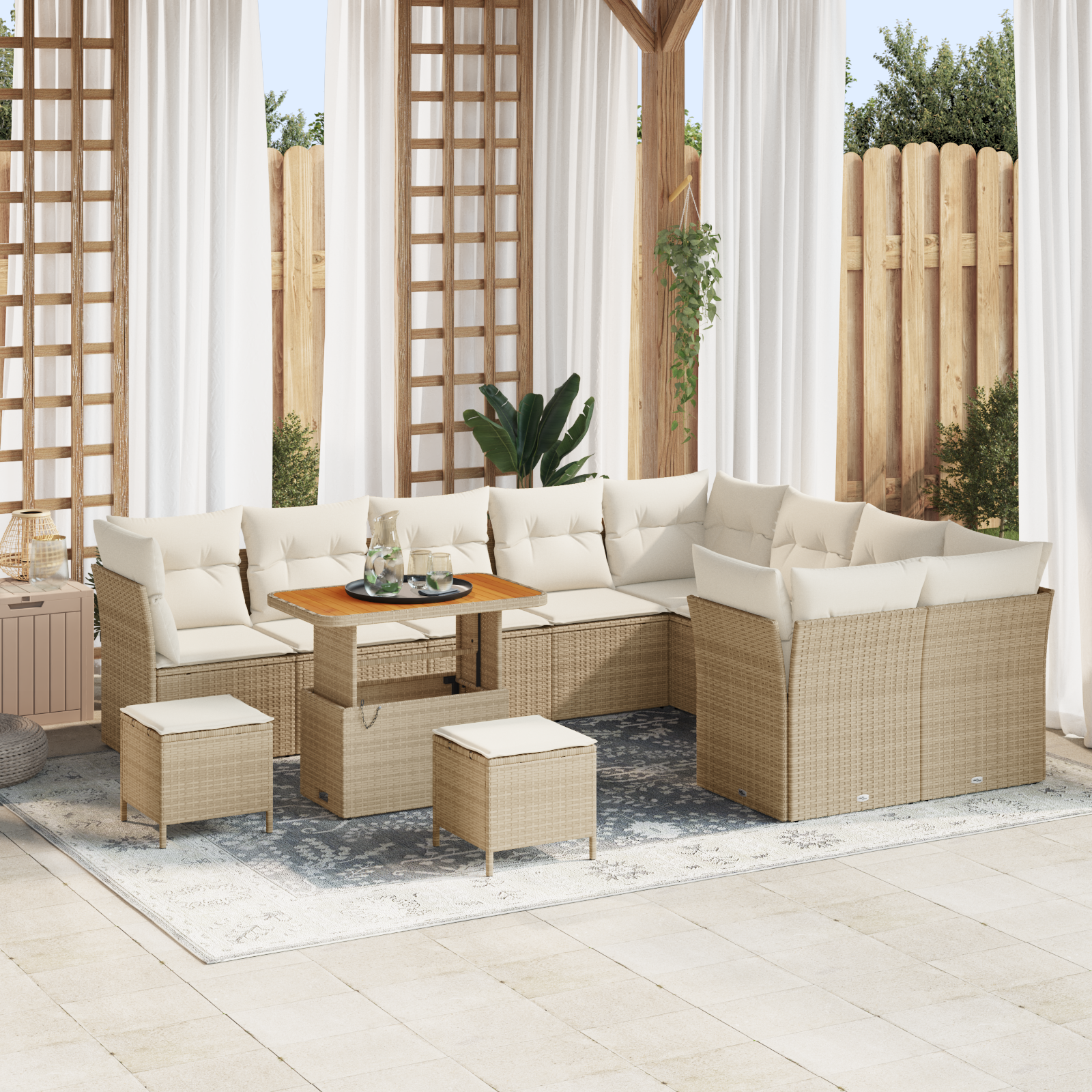 Set Divano da Giardino con Cuscini da 12 Pezzi Beige Polyrattan Acacia