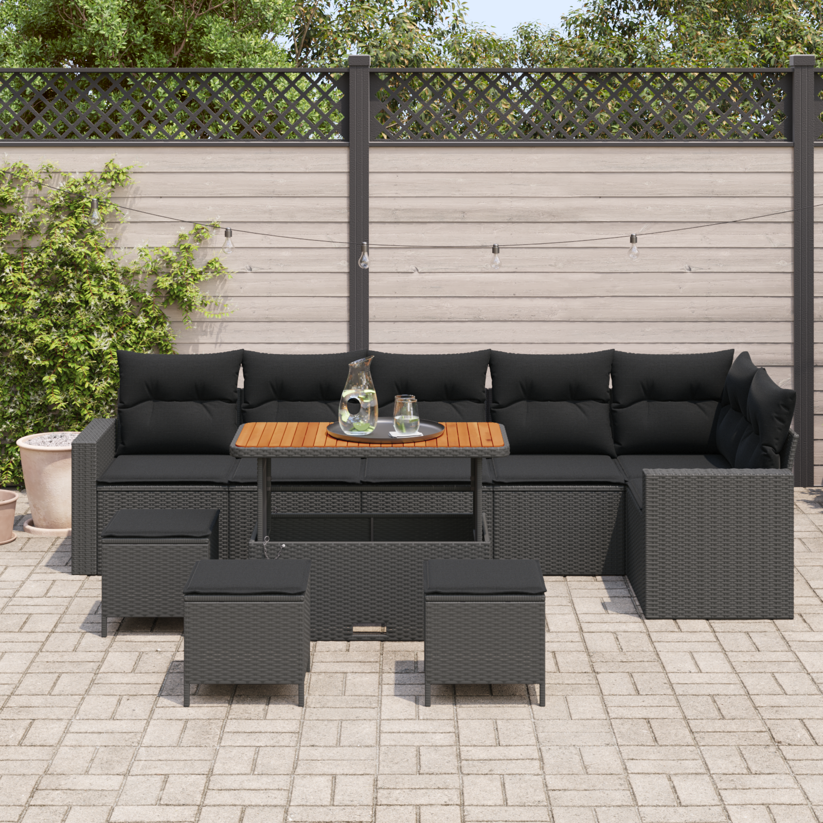 10 Частен комплект градински диван с възглавници Черен Полиратан Акация, vidaXL 4 Частен комплект за хранене с възглавници Черен Полиратан Акация - Image 3