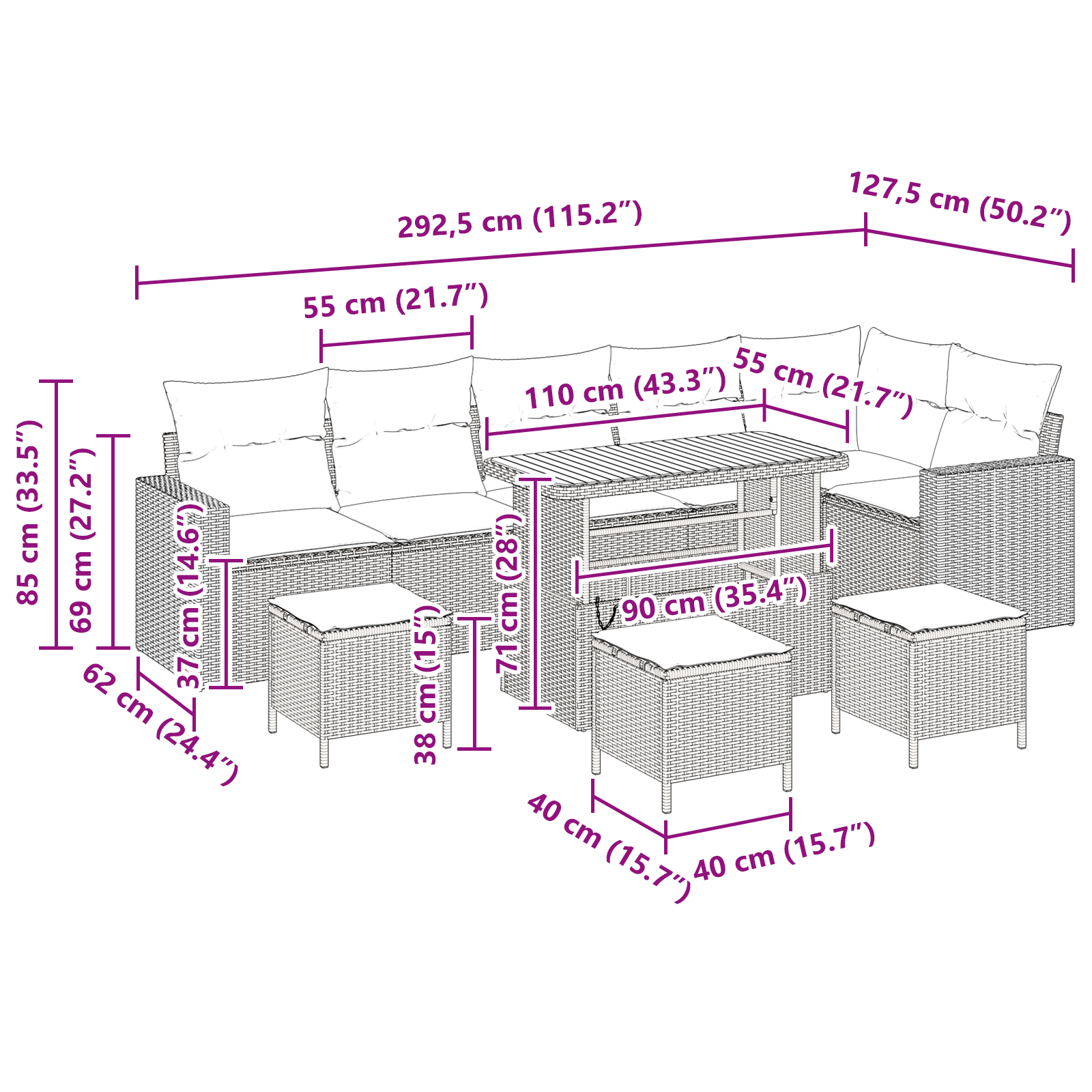 10 dalių sodo sofa su pagalvėlėmis Pilka Poli ratanas Akacija - Image 9