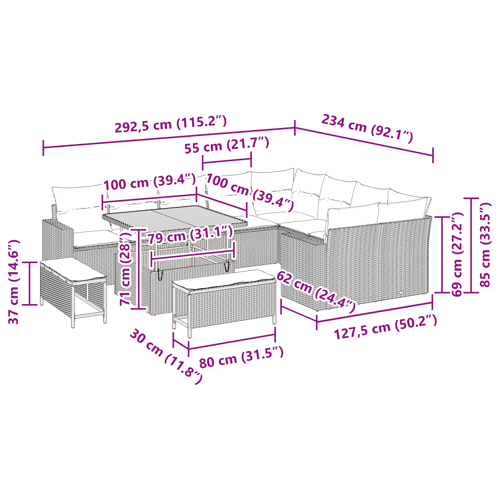 12 Dalių Sodo Sofa Rinkinys su Pagalvėlėmis Smėlio Poli Ratanas Akacija - Image 11