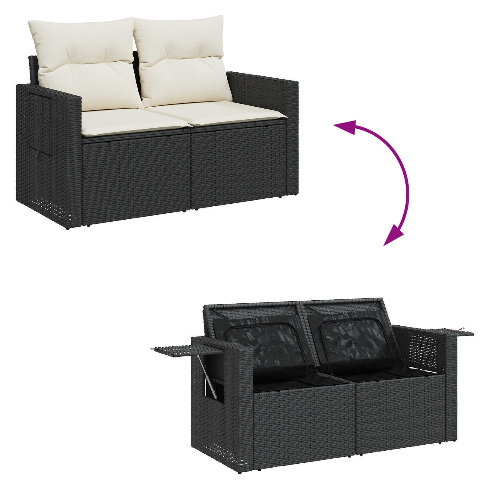 Conjunto de Sofá de Jardim com Almofadas Preto Rattan Acácia, Conjunto de Jantar de Jardim com Almofadas Preto Rattan Acácia