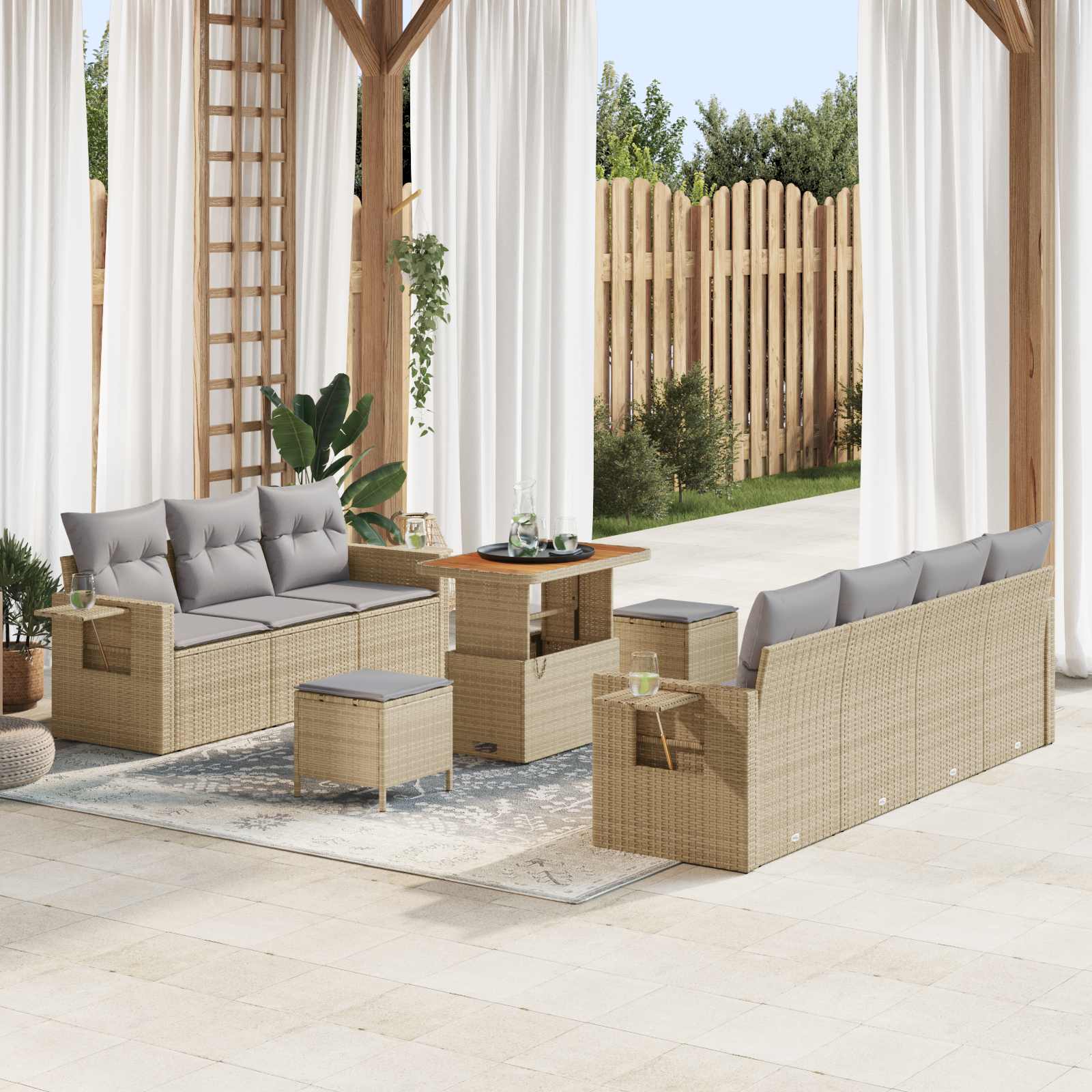 Conjunto de 10 peças de Sofá de Jardim com Almofadas Bege Rattan Acácia Conjunto de 10 peças de Sofá de Jardim com Almofadas Bege Rattan Acácia