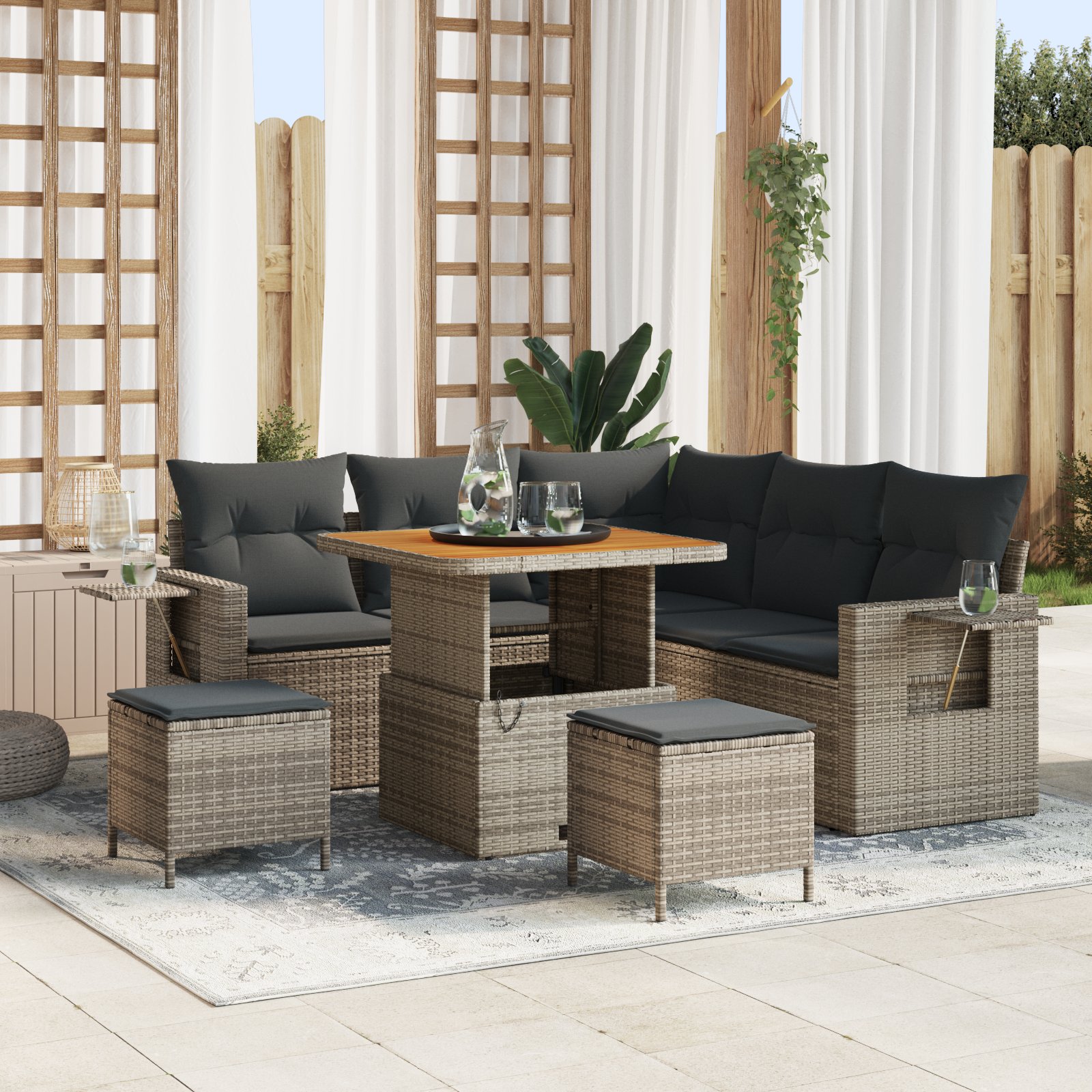 Set di divano da giardino a 8 pezzi con cuscini grigio polyrattan acacia