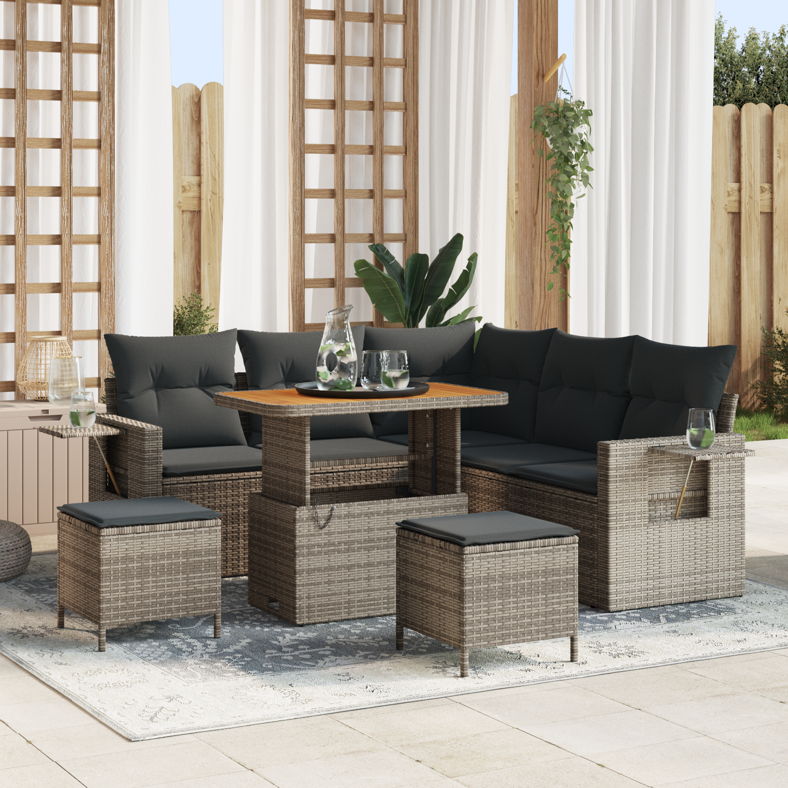 Set Sofà Giardino 8 Pezzi con Cuscini Grigio Polyrattan Acacia