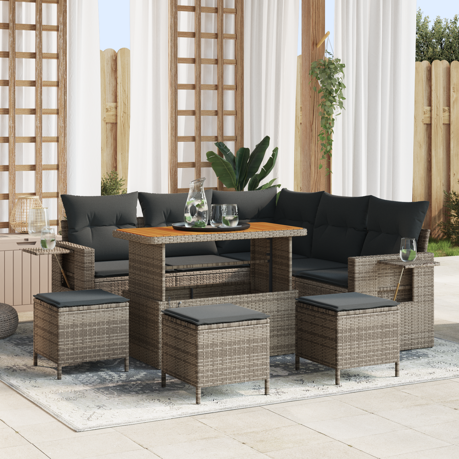 Set Divano Giardino da 9 Pezzi con Cuscini Grigio Rattan Polimerico Acacia