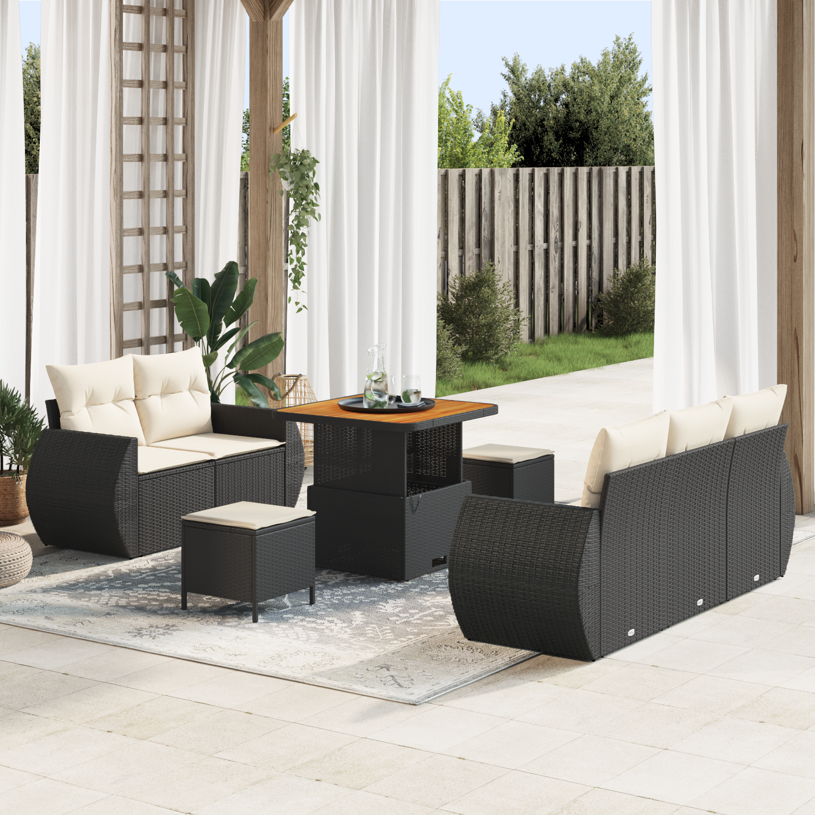 Conjunto de Sofás de Jardim com Almofadas Preto Rattan Acácia, Conjunto de Jantar de Jardim com Almofadas Preto Rattan Acácia Conjunto de Sofás de Jardim com Almofadas Preto Rattan Acácia, Conjunto de Jantar de Jardim com Almofadas Preto Rattan Acácia