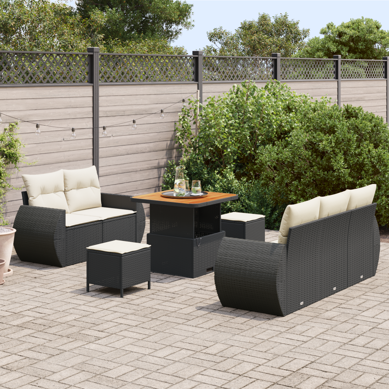 Conjunto de Sofás de Jardim com Almofadas Preto Rattan Acácia, Conjunto de Jantar de Jardim com Almofadas Preto Rattan Acácia