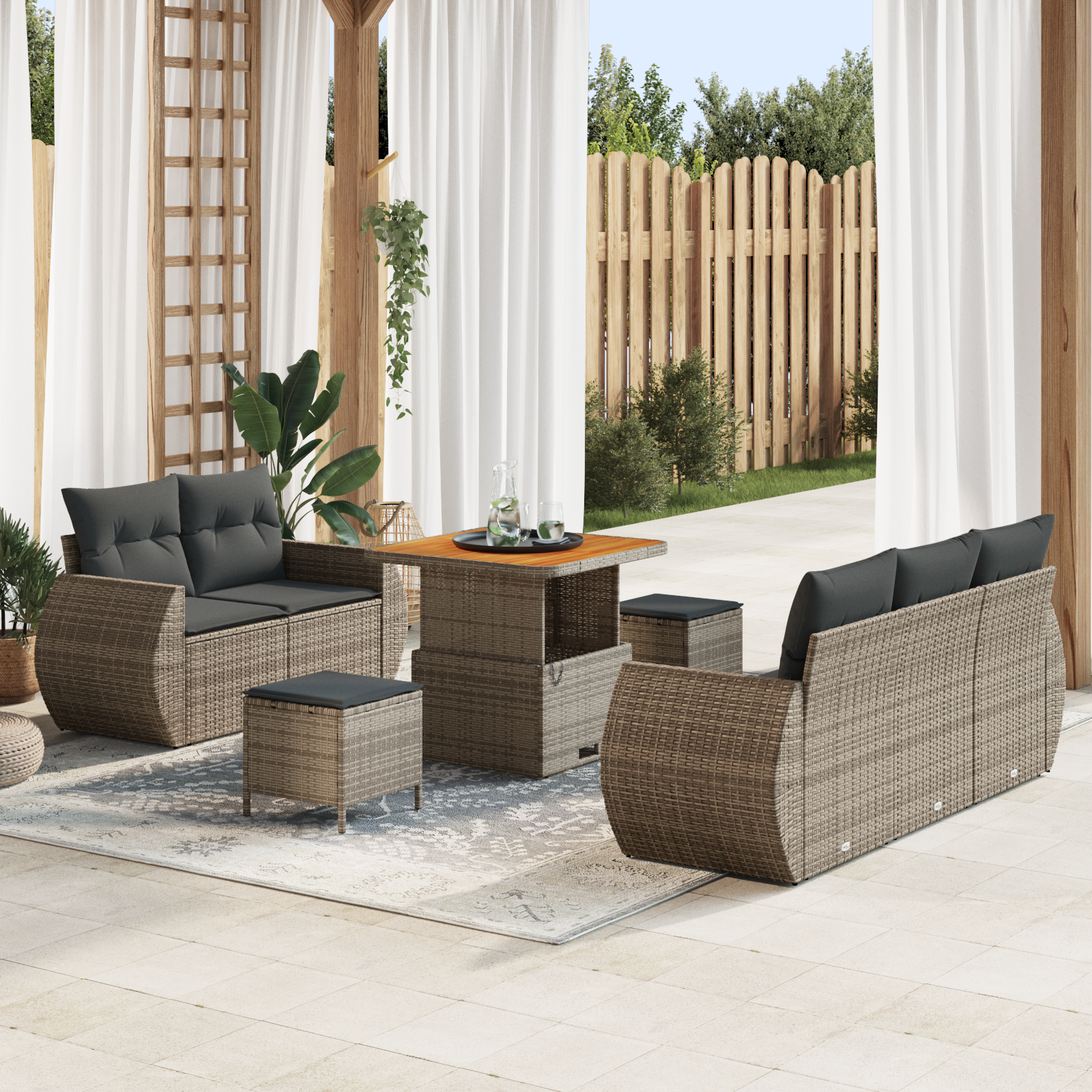 Set divano da giardino con cuscini 8 pezzi grigio polyrattan acacia