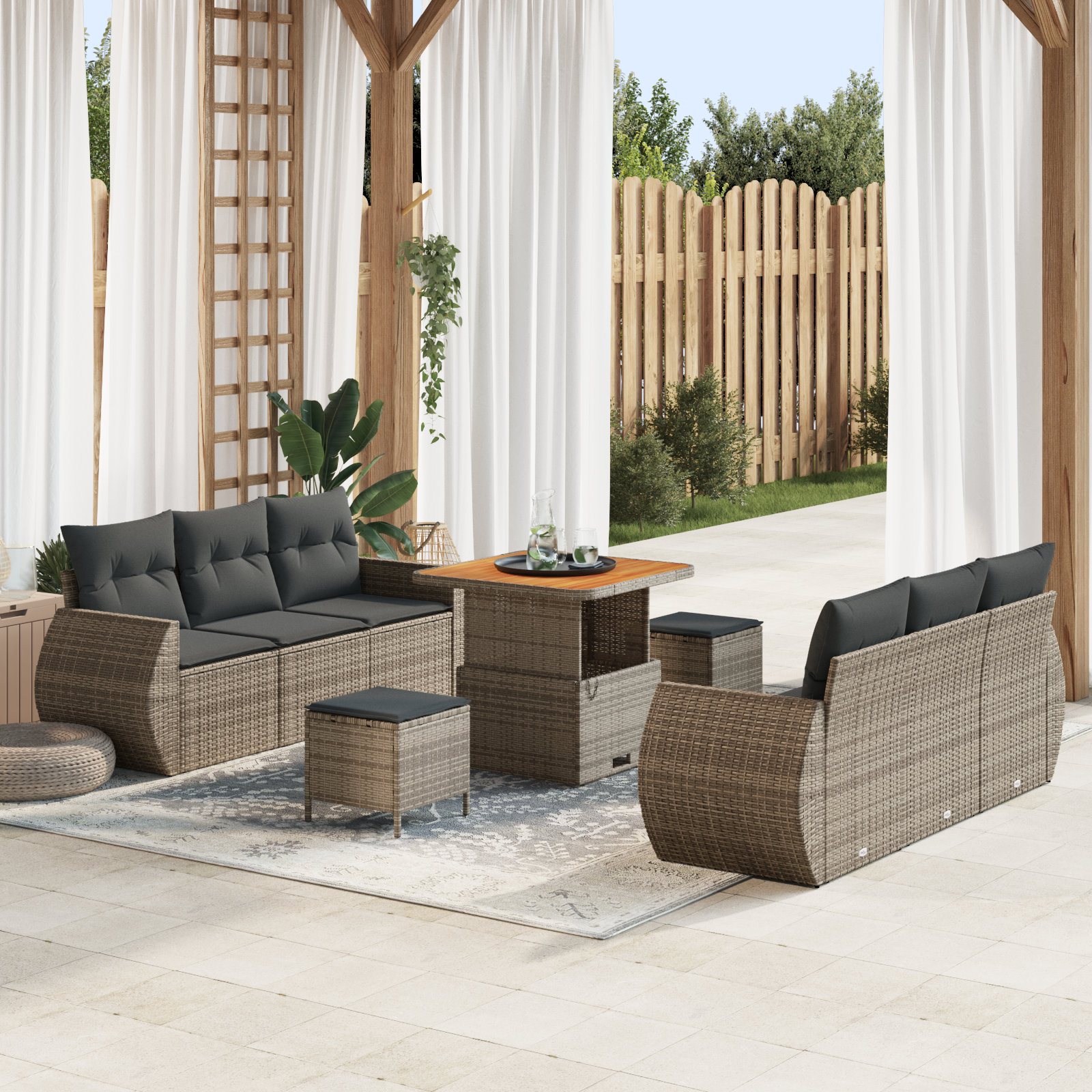Set Divani Giardino 9 Pezzi con Cuscini Grigio Rattan Poli Acacia