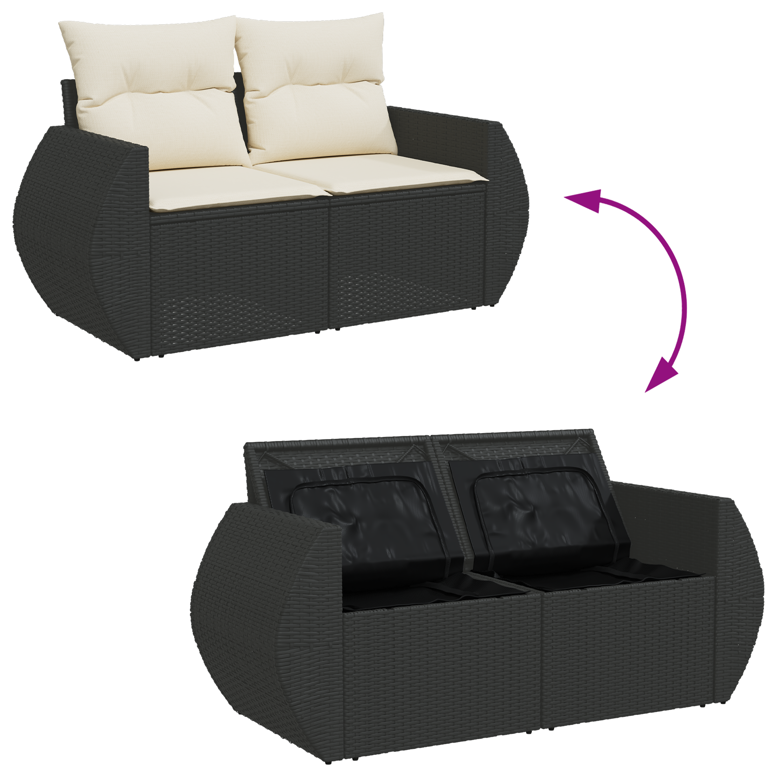 Conjunto de Sofá de Jardim de 8 Peças com Almofadas Preto Rattan Poliéster Acácia, Conjunto de Jantar de Jardim de 3 Peças com Almofadas Preto Rattan Poliéster Acácia