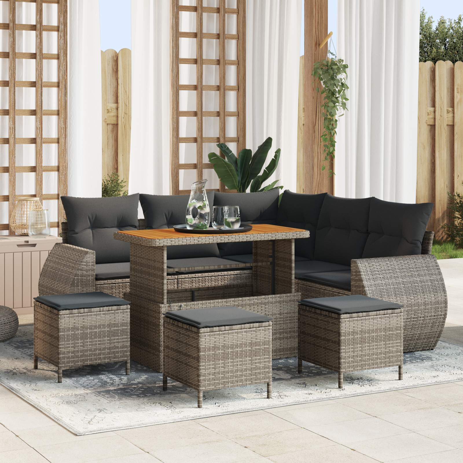 Tuin Sofa Set met kussen met opslag 9 pcs Grijs poly rattan - Afbeelding 2