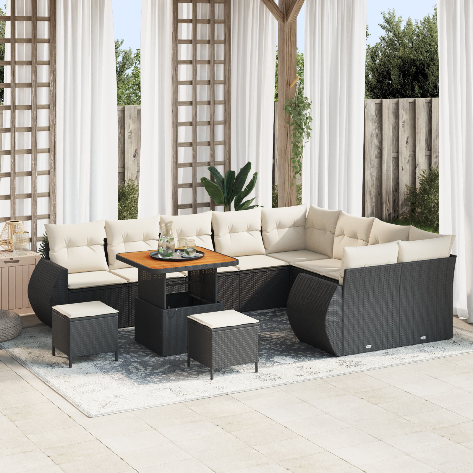 Conjunto de Sofá de Jardim com 12 Peças com Almofadas Preto Rattan Poliéster Acácia, Conjunto de Jantar de Jardim com 3 Peças com Almofadas Preto Rattan Poliéster Acácia Conjunto de Sofá de Jardim com 12 Peças com Almofadas Preto Rattan Poliéster Acácia, Conjunto de Jantar de Jardim com 3 Peças com Almofadas Preto Rattan Poliéster Acácia