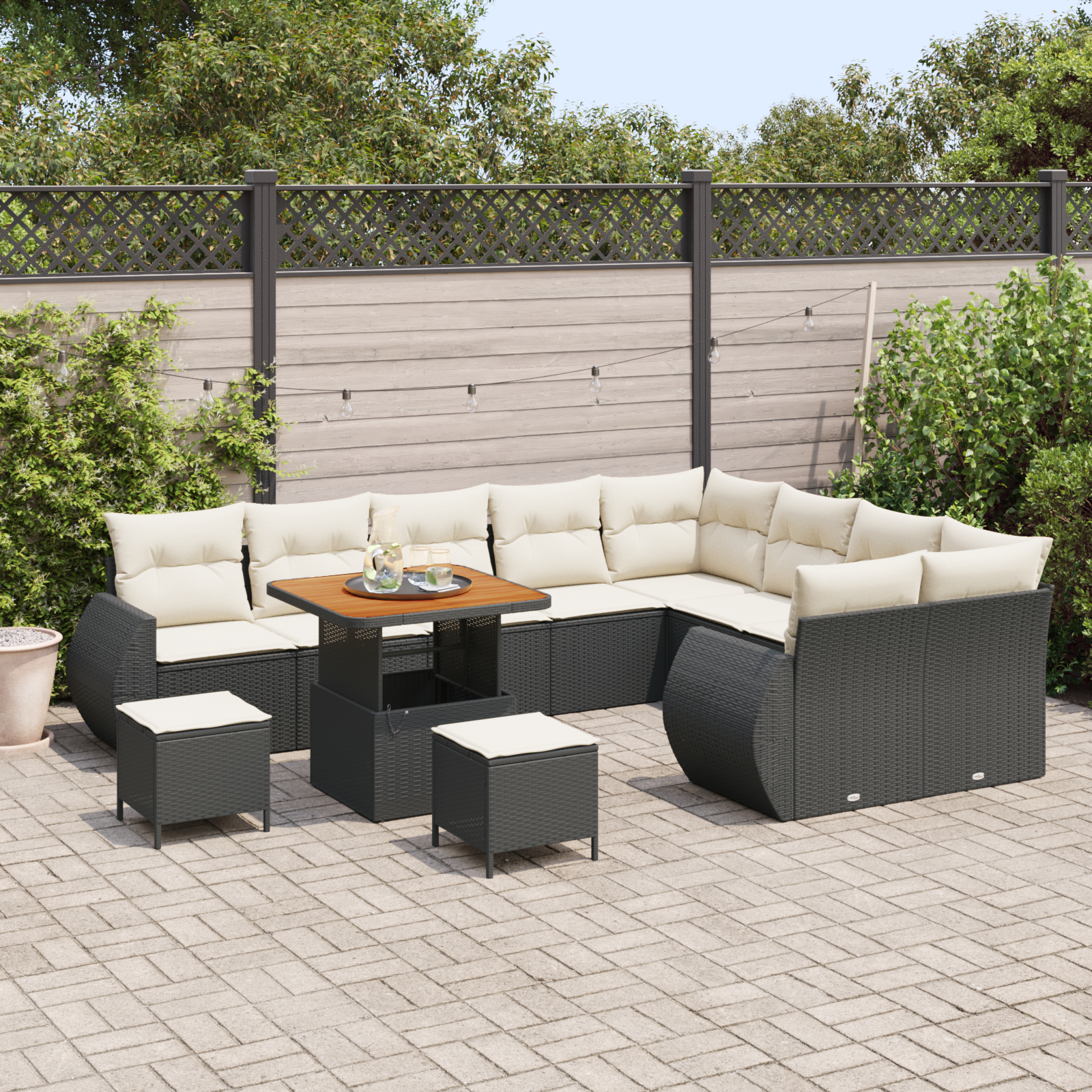 Conjunto de Sofá de Jardim com 12 Peças com Almofadas Preto Rattan Poliéster Acácia, Conjunto de Jantar de Jardim com 3 Peças com Almofadas Preto Rattan Poliéster Acácia