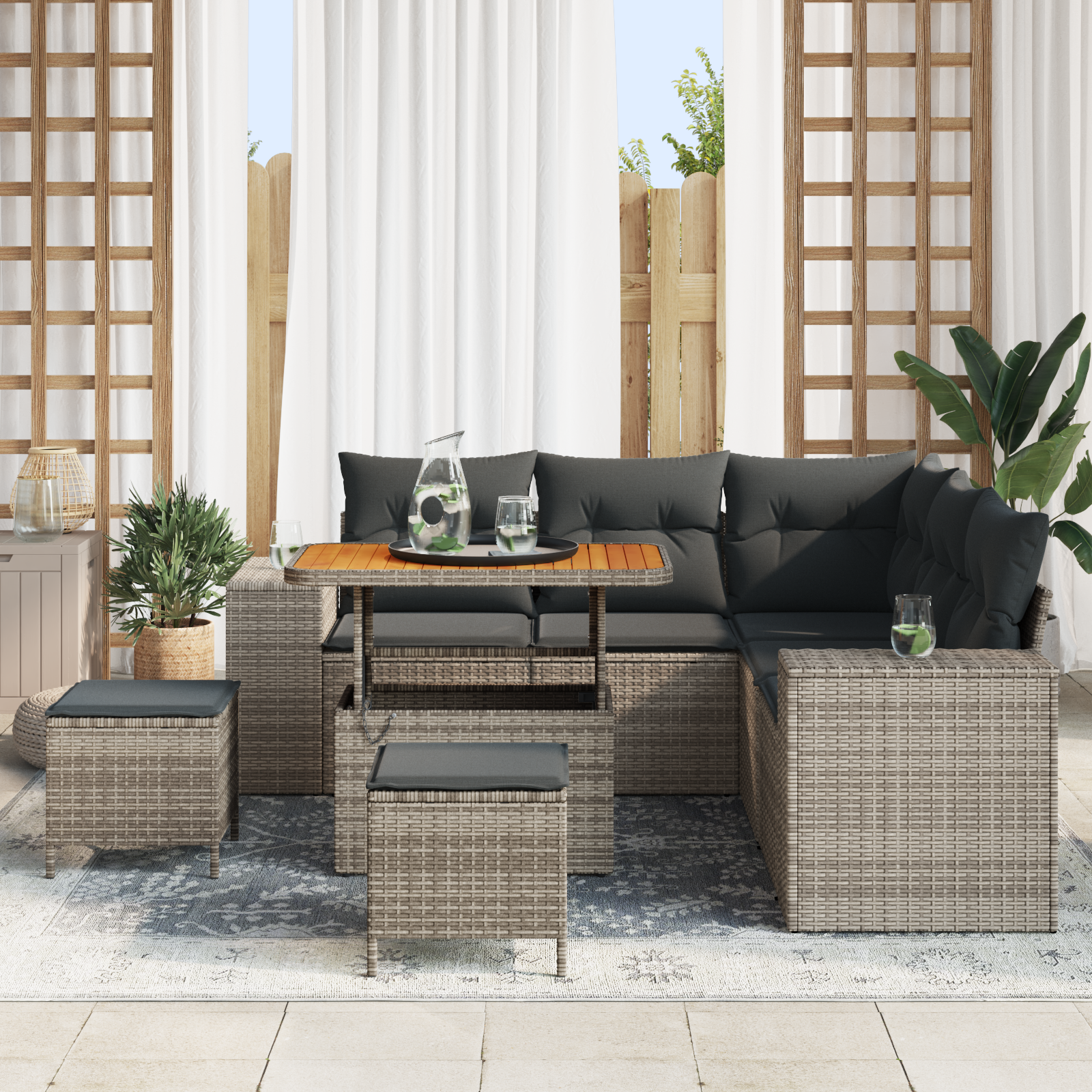 8 dalių sodo sofų komplektas su pagalvėlėmis, Pilka, Poliratanas, Akacija - Image 3