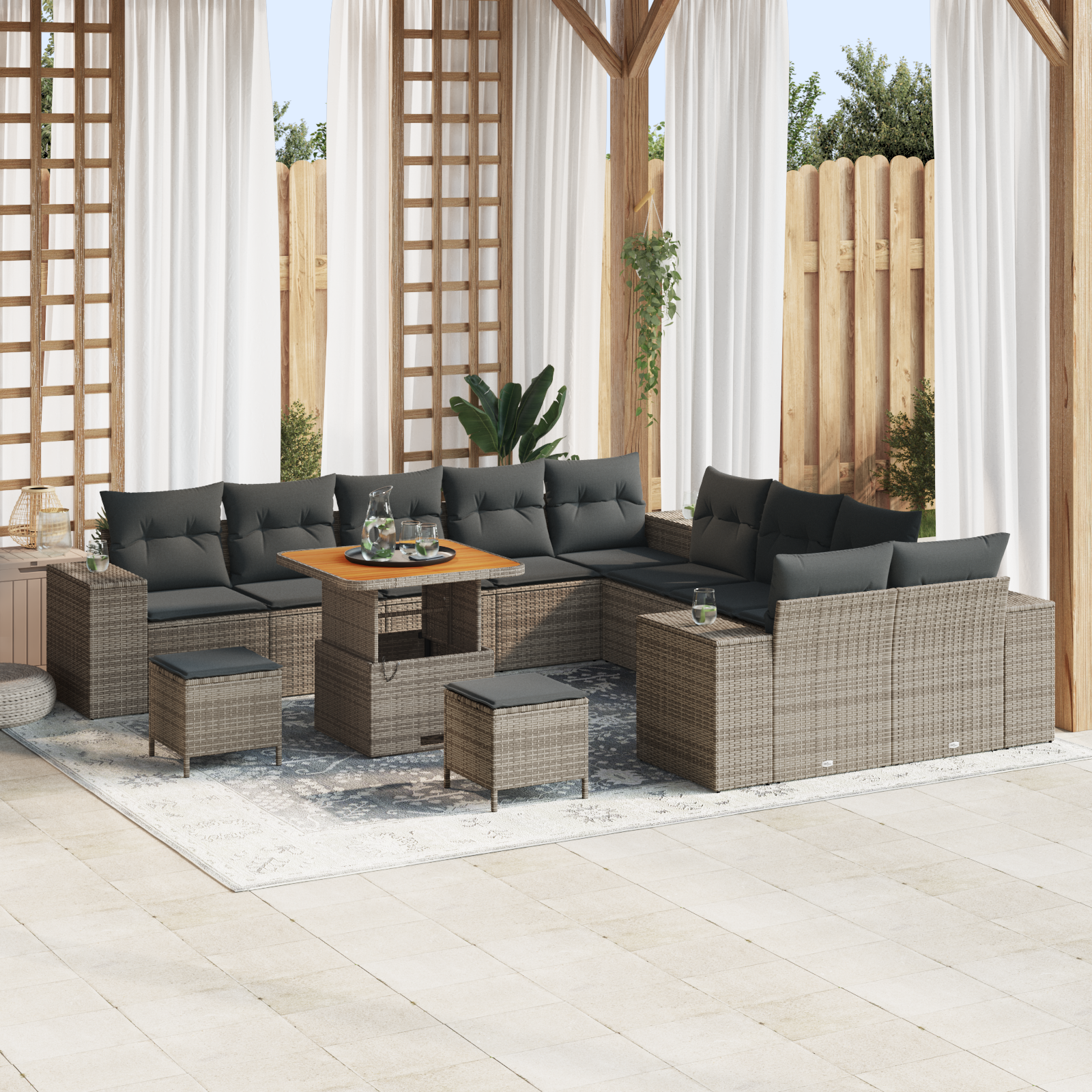 Set di divani da giardino con 13 pezzi e cuscini grigio polirattan acacia