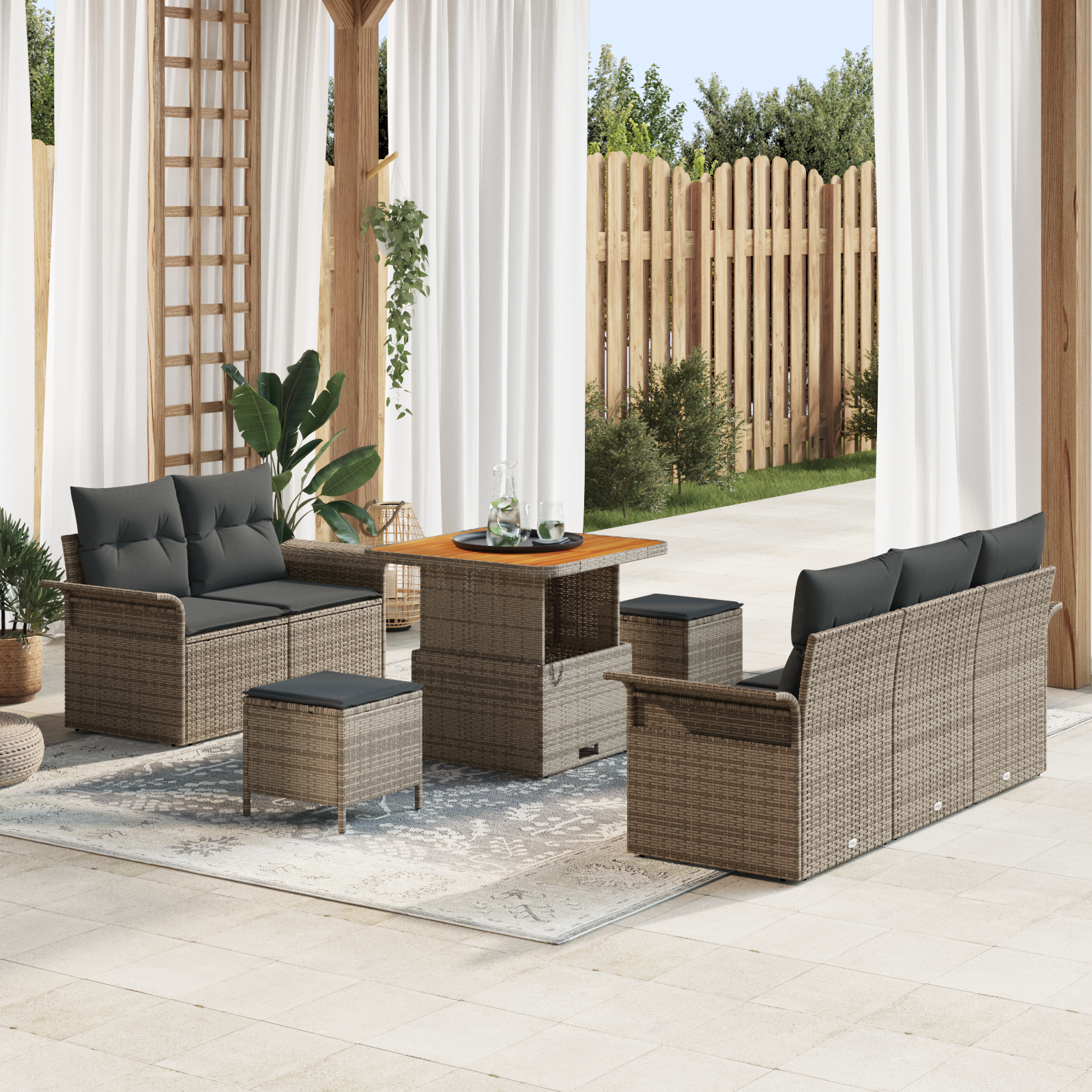 Set di Divani da Giardino da 8 Pezzi con Cuscini Grigio Rattan Sintetico Acacia