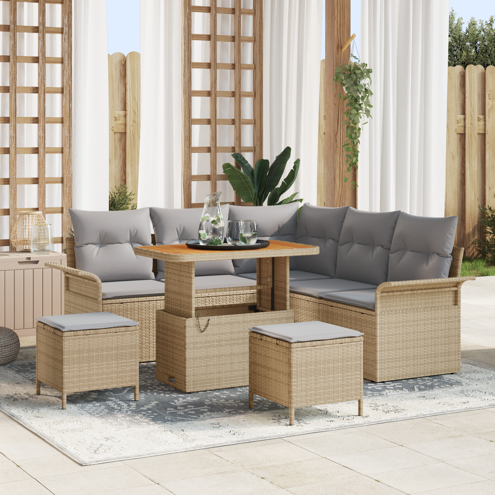 Set divano da giardino 8 pezzi con cuscini Beige Rattan Polimerico Acacia